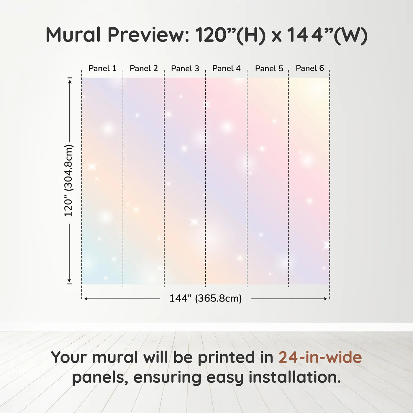 Whimsy Tots Pastel Sparkle Sky Wall Muraldimension view (120" H x 144" W). Printed in six 24-inch-wide panels. Gender-Neutral