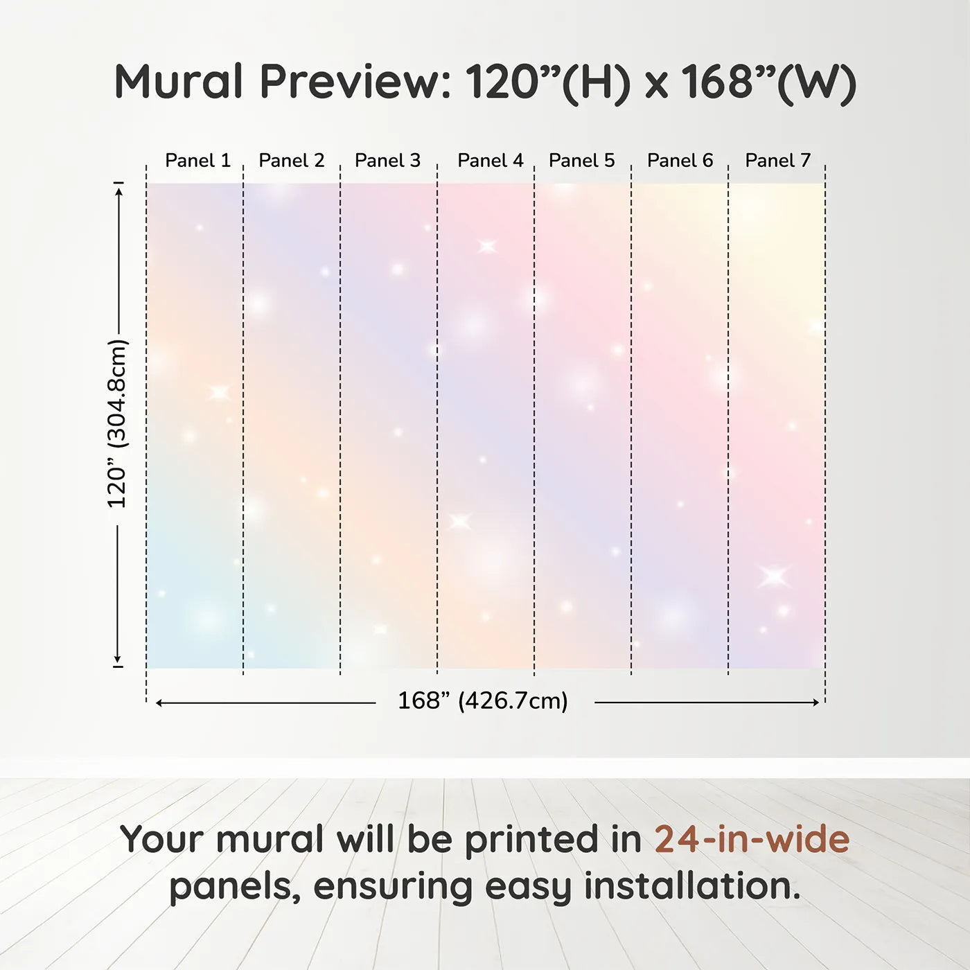 Whimsy Tots Pastel Sparkle Sky Wall Muraldimension view (120" H x 168" W). Printed in seven 24-inch-wide panels. Gender-Neutral