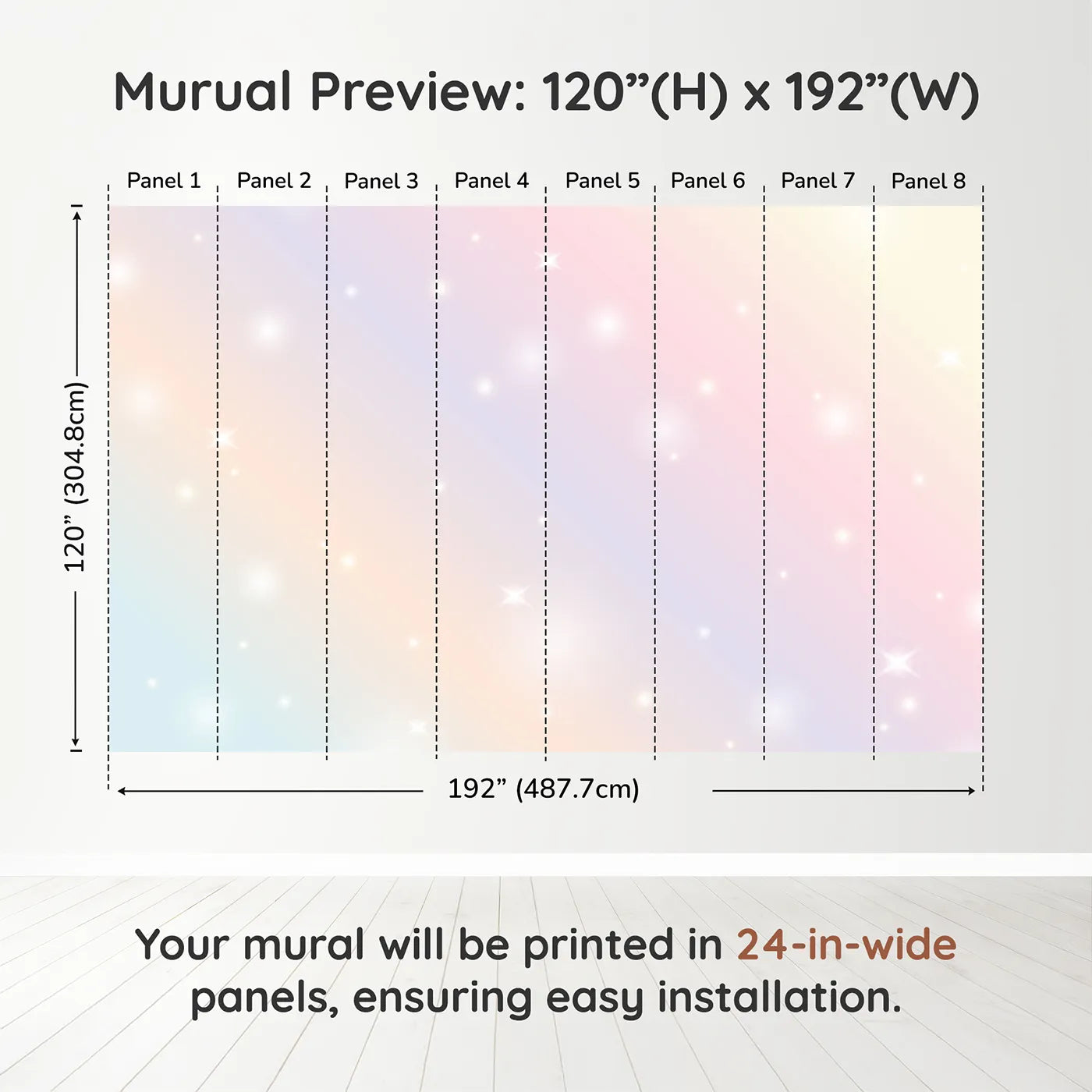 Whimsy Tots Pastel Sparkle Sky Wall Muraldimension view (120" H x 192" W). Printed in eight 24-inch-wide panels. Gender-Neutral