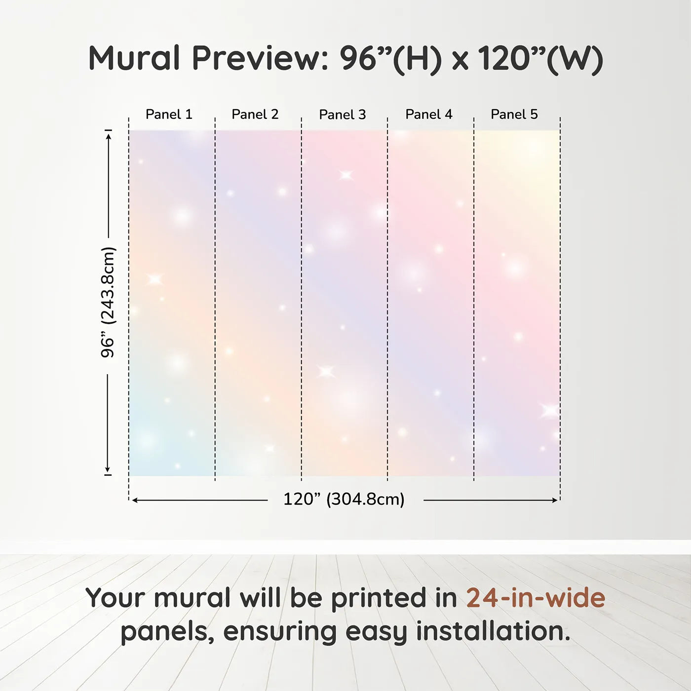 Whimsy Tots Pastel Sparkle Sky Wall Muraldimension view (96" H x 120" W). Printed in five 24-inch-wide panels. Gender-Neutral