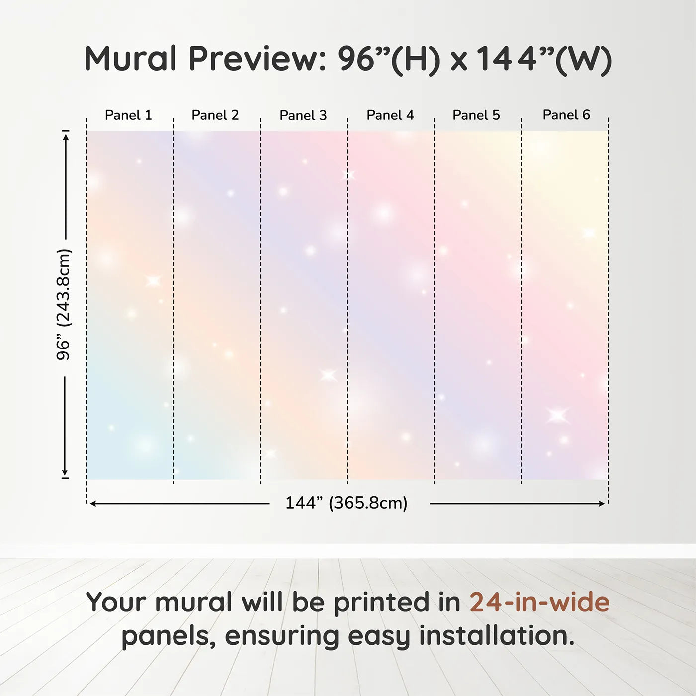 Whimsy Tots Pastel Sparkle Sky Wall Muraldimension view (96" H x 144" W). Printed in six 24-inch-wide panels. Gender-Neutral