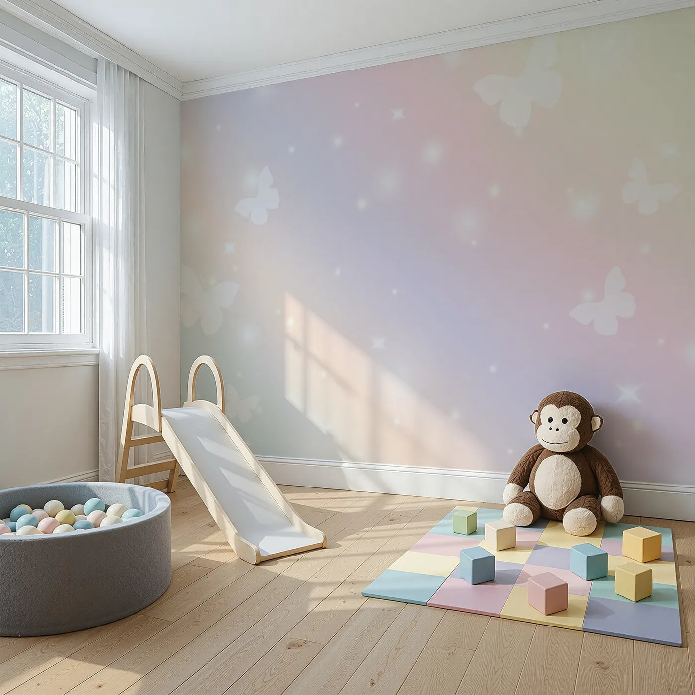 Angled view of Whimsy Tots' Pastel Butterfly Sky Wall Mural (Turn Their Room into a Sky of Gentle, Fluttering Dreams).Best for Girls
