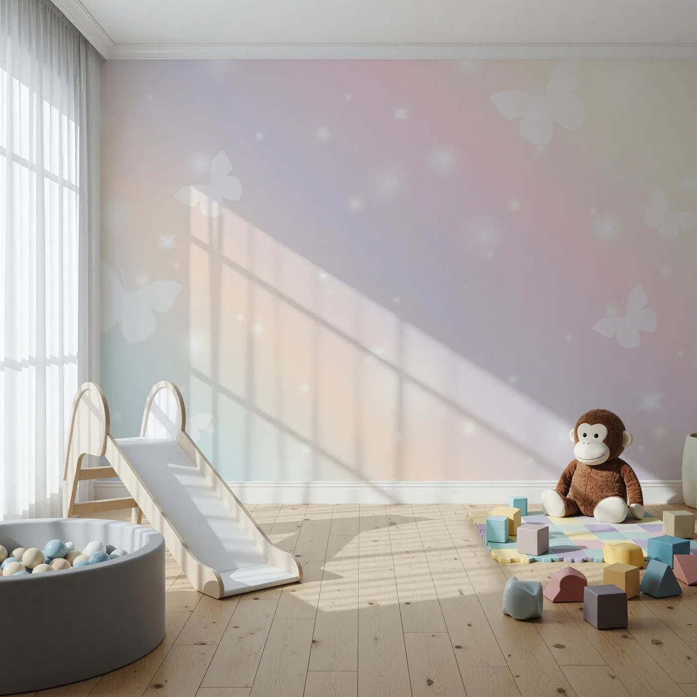 Front view of Whimsy Tots' Pastel Butterfly Sky Wall Mural