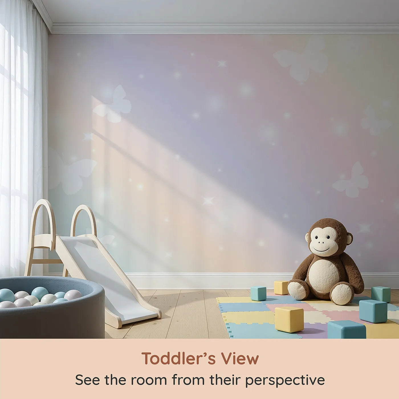 Whimsy Tots Pastel Butterfly Sky Wall Mural (Turn Their Room into a Sky of Gentle, Fluttering Dreams) from your child's view.Best for Girls