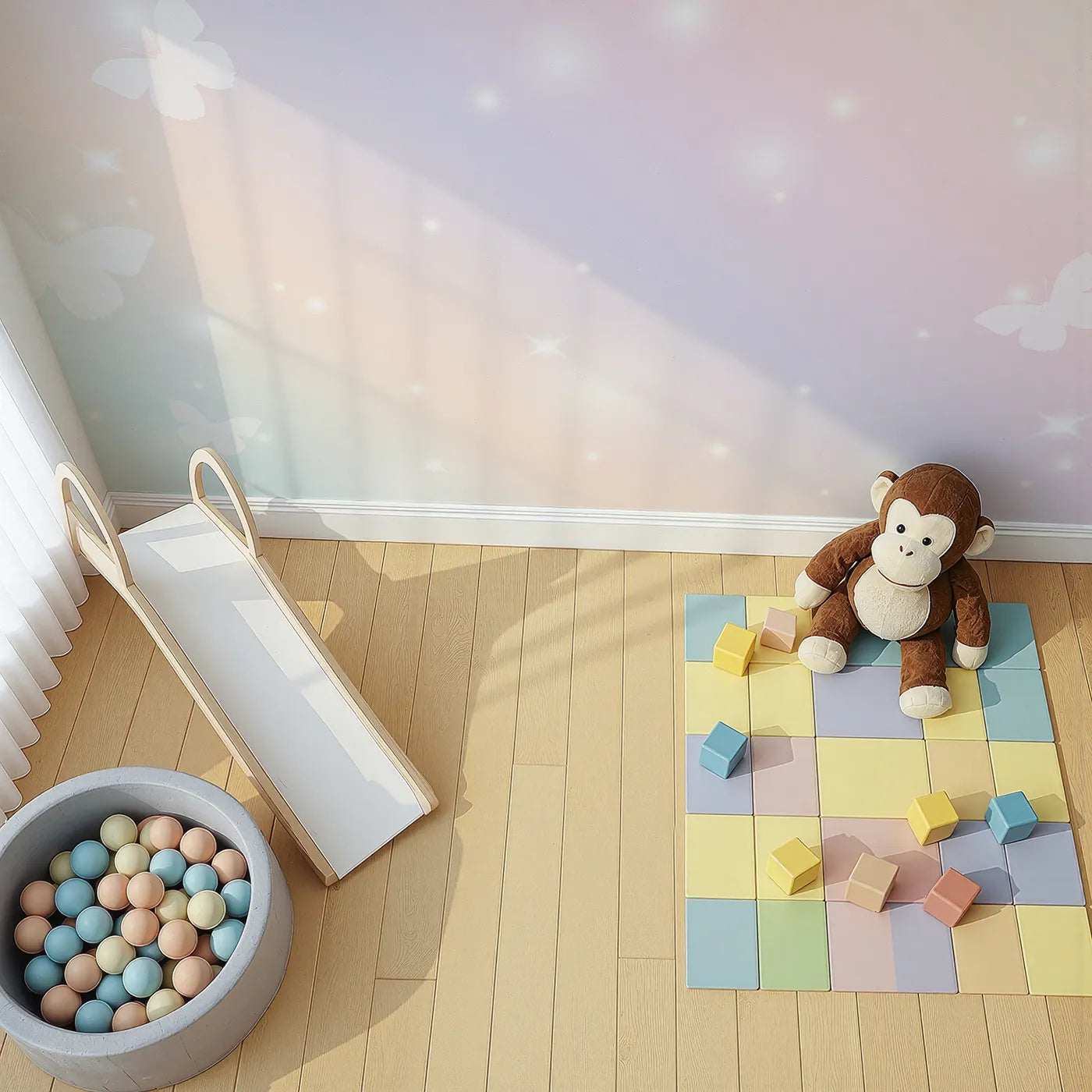 Top-down view of Whimsy Tots' Pastel Butterfly Sky Wall Mural (Turn Their Room into a Sky of Gentle, Fluttering Dreams).Best for Girls