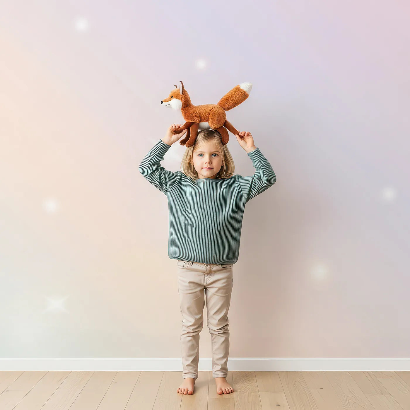 Child in front of Whimsy Tots Pastel Butterfly Sky Wall Mural with pastel, rainbow, butterfly, sky, sparkle, soft, dreamy, silhouette in design.