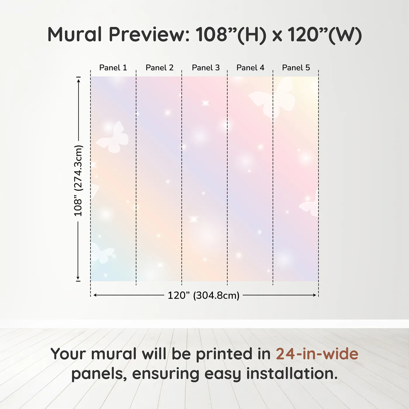 Whimsy Tots Pastel Butterfly Sky Wall Muraldimension view (108" H x 120" W). Printed in five 24-inch-wide panels. Best for Girls