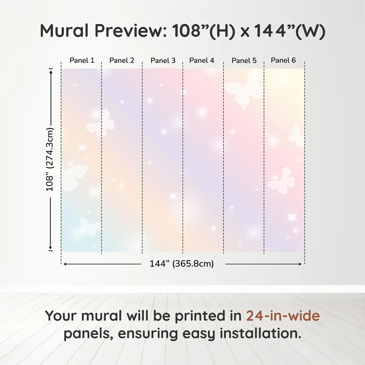 Whimsy Tots Pastel Butterfly Sky Wall Muraldimension view (108" H x 144" W). Printed in six 24-inch-wide panels. Best for Girls