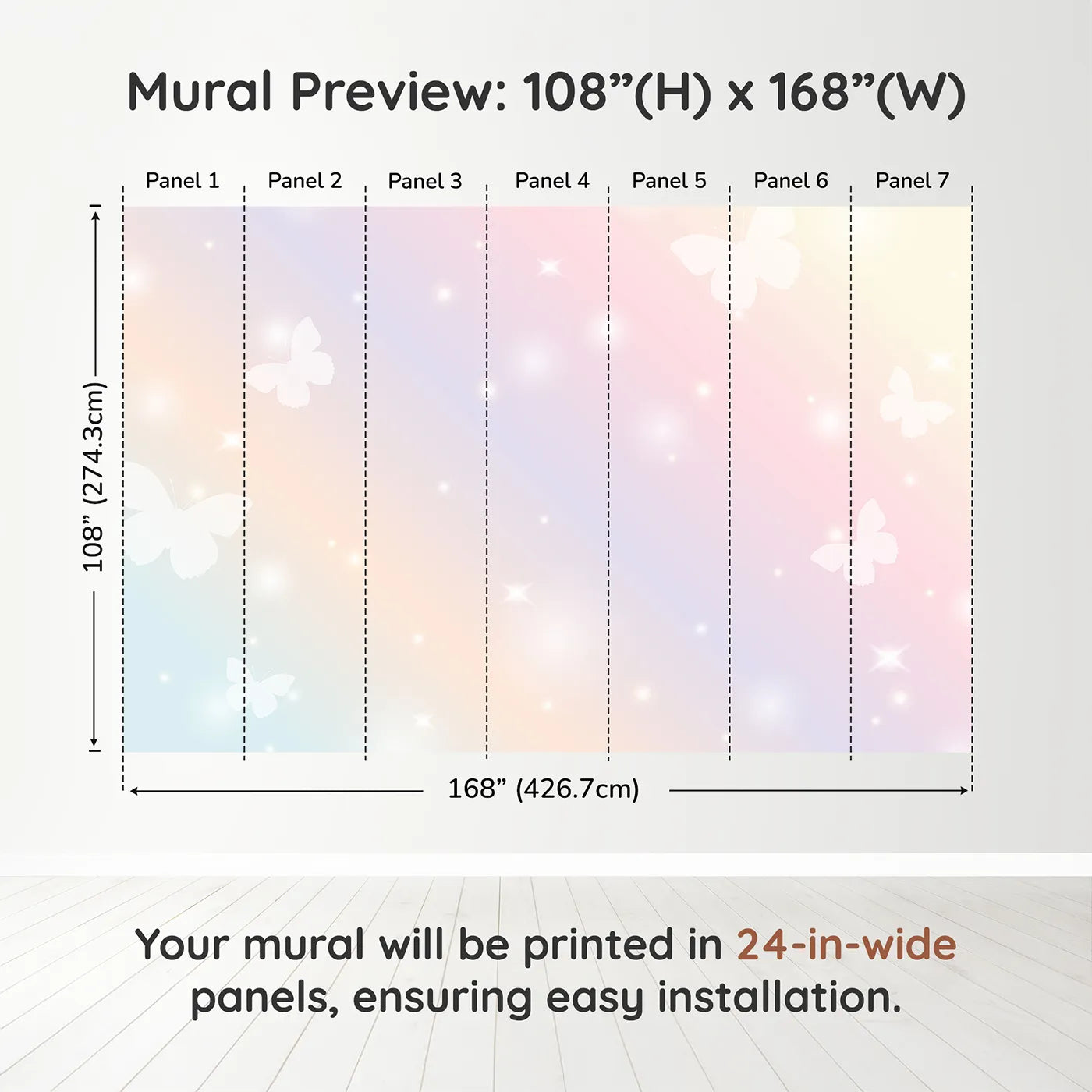 Whimsy Tots Pastel Butterfly Sky Wall Muraldimension view (108" H x 168" W). Printed in seven 24-inch-wide panels. Best for Girls