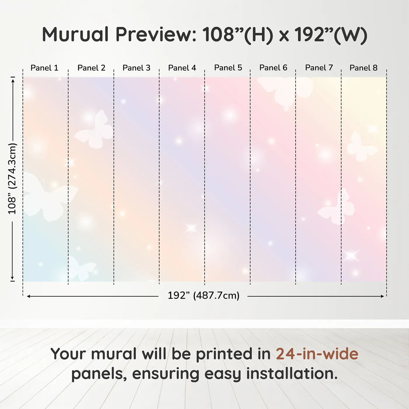 Whimsy Tots Pastel Butterfly Sky Wall Muraldimension view (108" H x 192" W). Printed in eight 24-inch-wide panels. Best for Girls