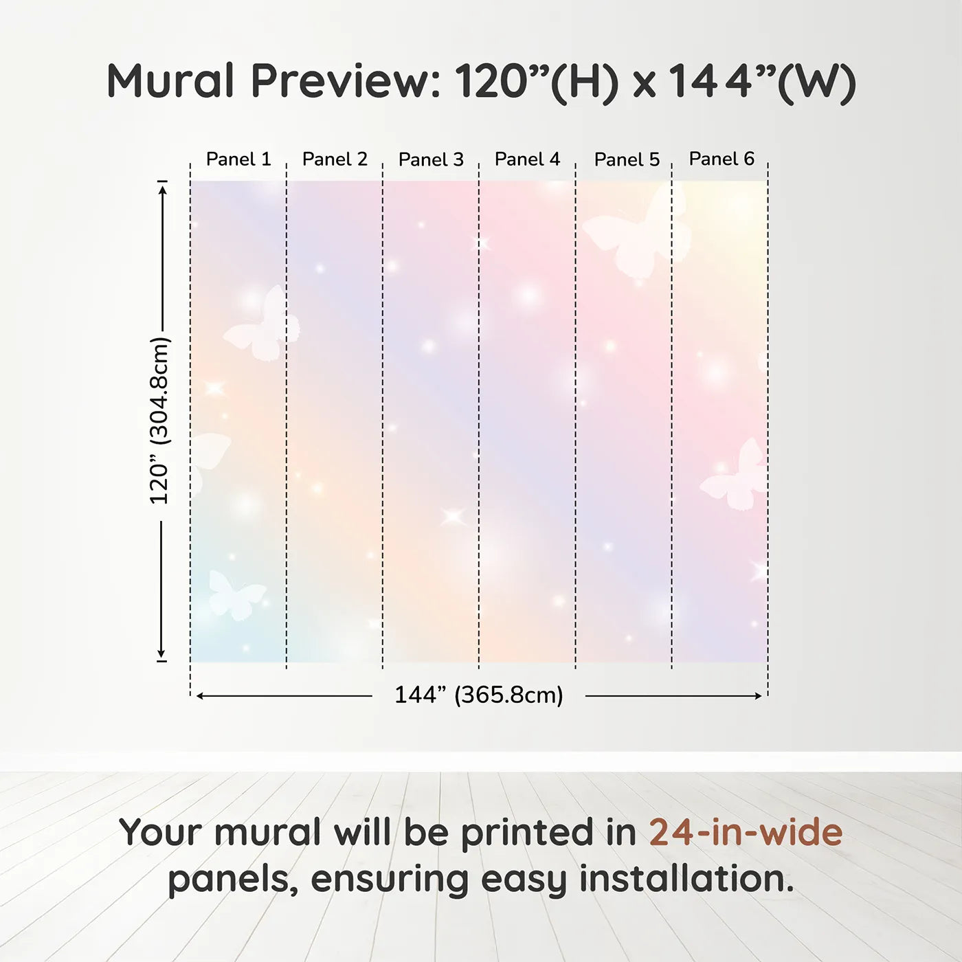 Whimsy Tots Pastel Butterfly Sky Wall Muraldimension view (120" H x 144" W). Printed in six 24-inch-wide panels. Best for Girls