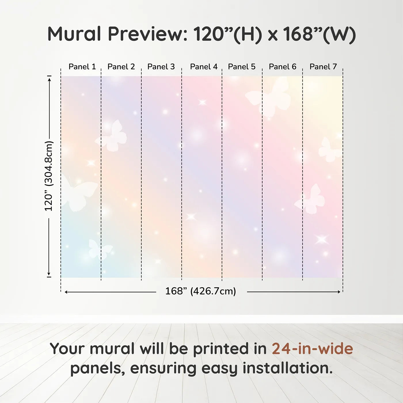 Whimsy Tots Pastel Butterfly Sky Wall Muraldimension view (120" H x 168" W). Printed in seven 24-inch-wide panels. Best for Girls