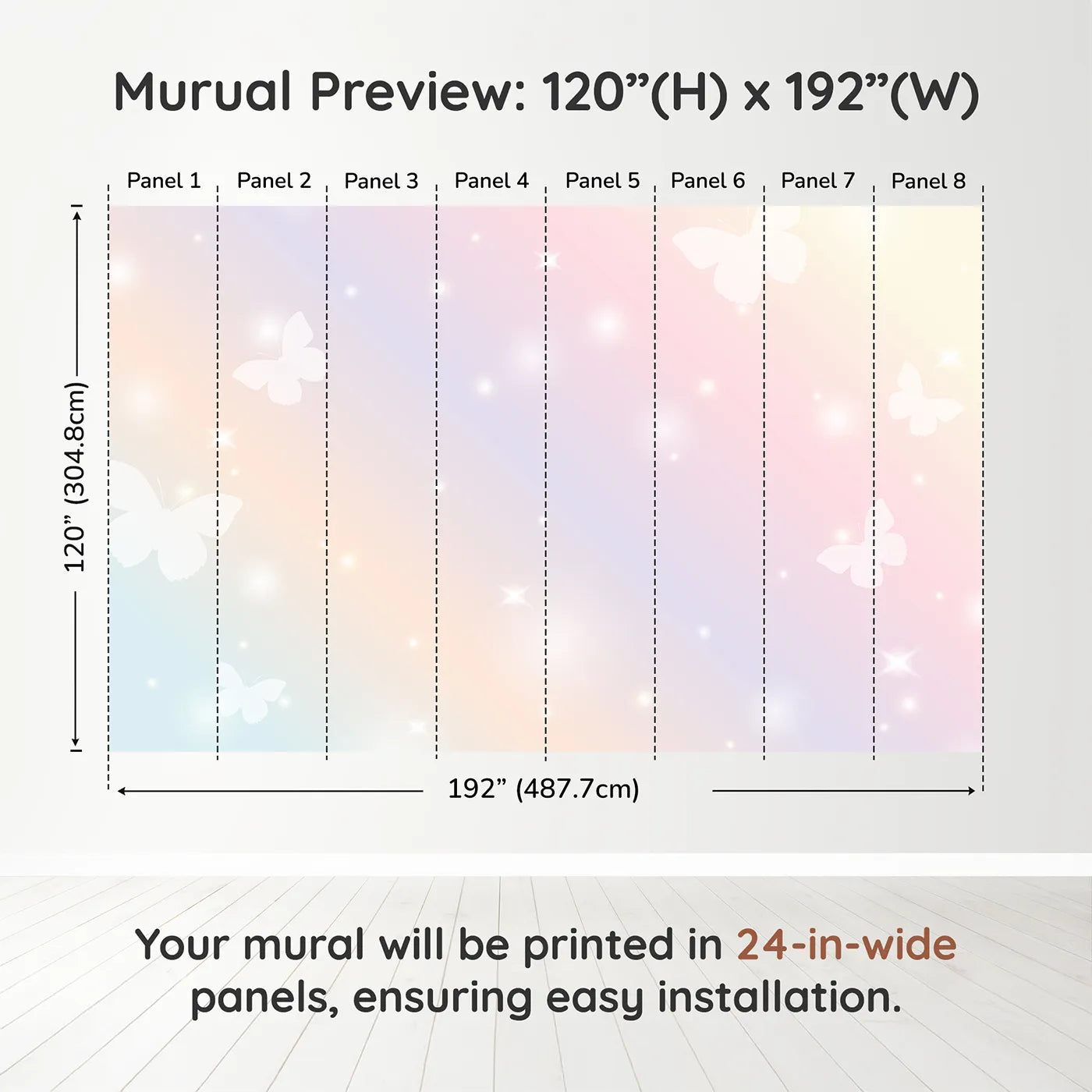 Whimsy Tots Pastel Butterfly Sky Wall Muraldimension view (120" H x 192" W). Printed in eight 24-inch-wide panels. Best for Girls