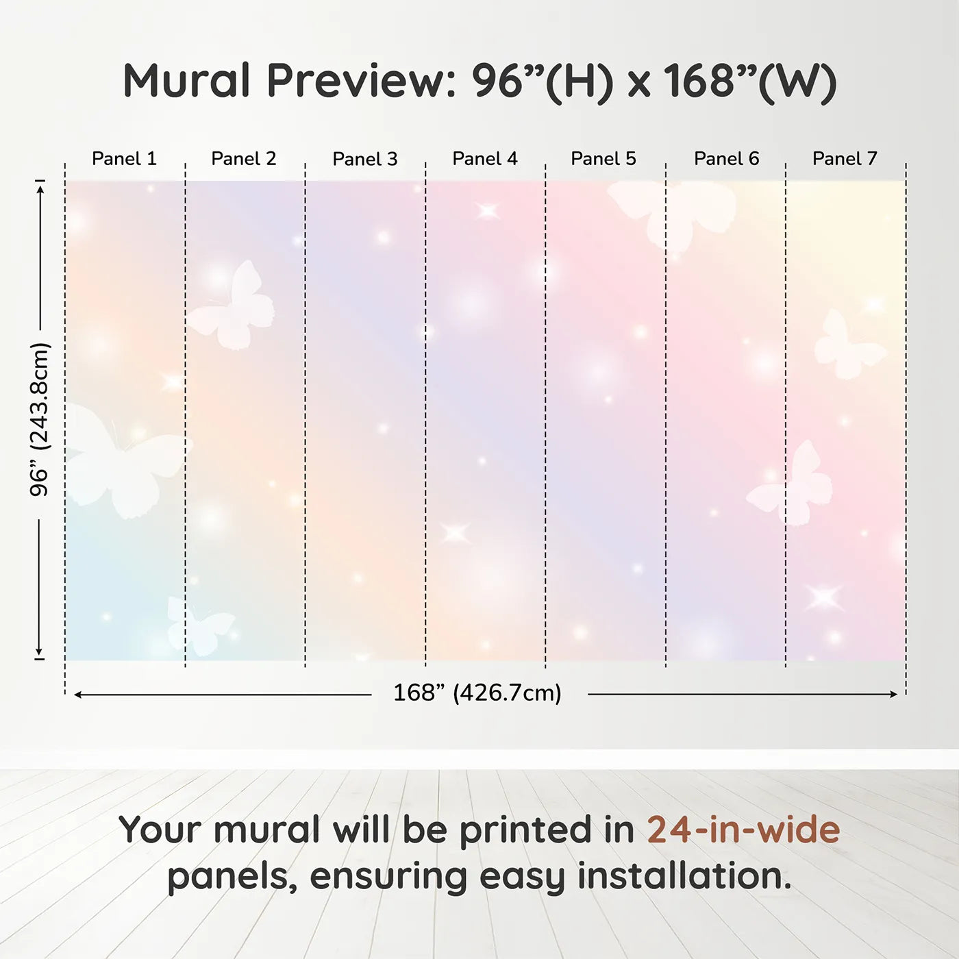 Whimsy Tots Pastel Butterfly Sky Wall Muraldimension view (96" H x 168" W). Printed in seven 24-inch-wide panels. Best for Girls