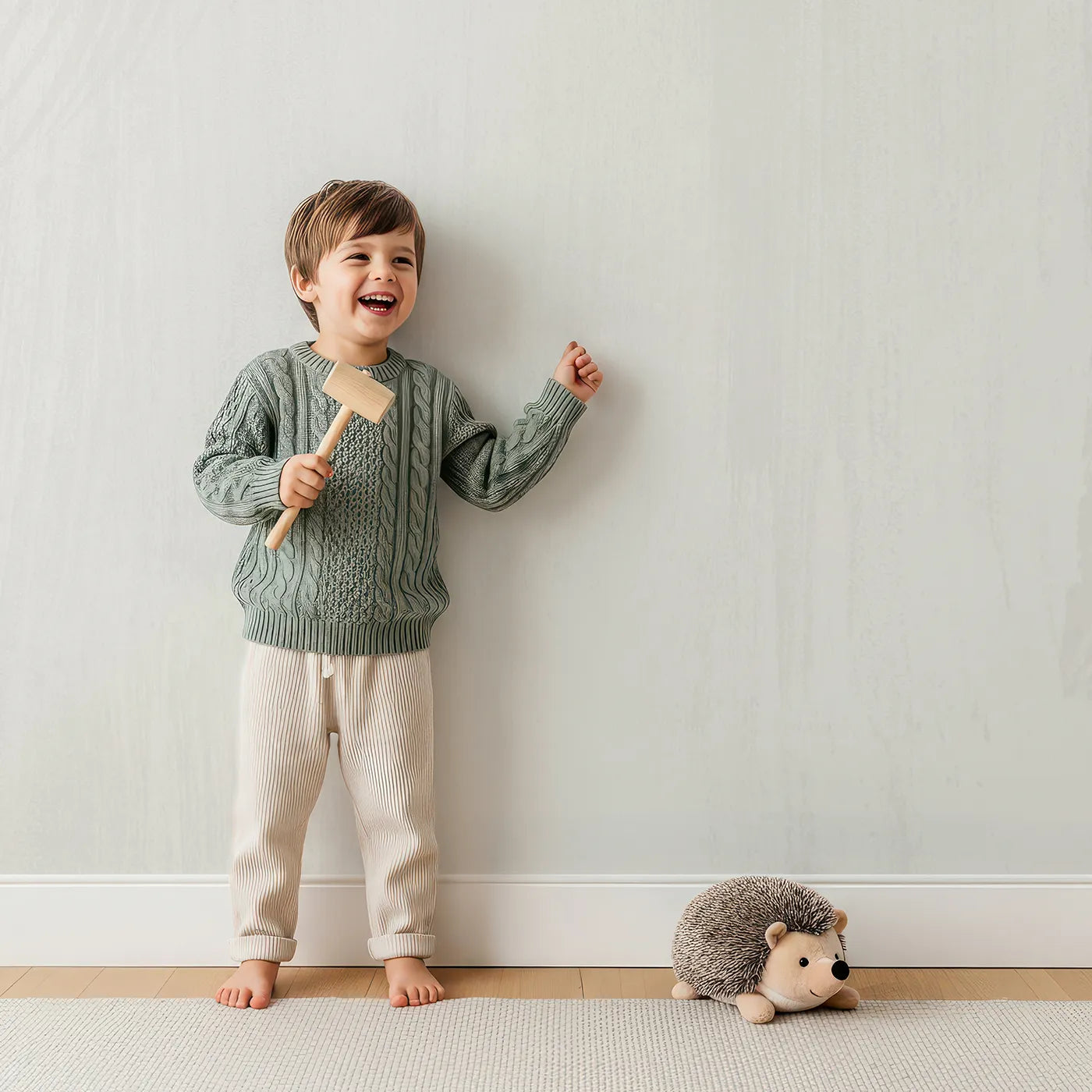 Child in front of Whimsy Tots Hanging Palm Leaves Wall Mural in Beige with leaf, palm, tropical, beige, brown, canopy, nature, boho in design.