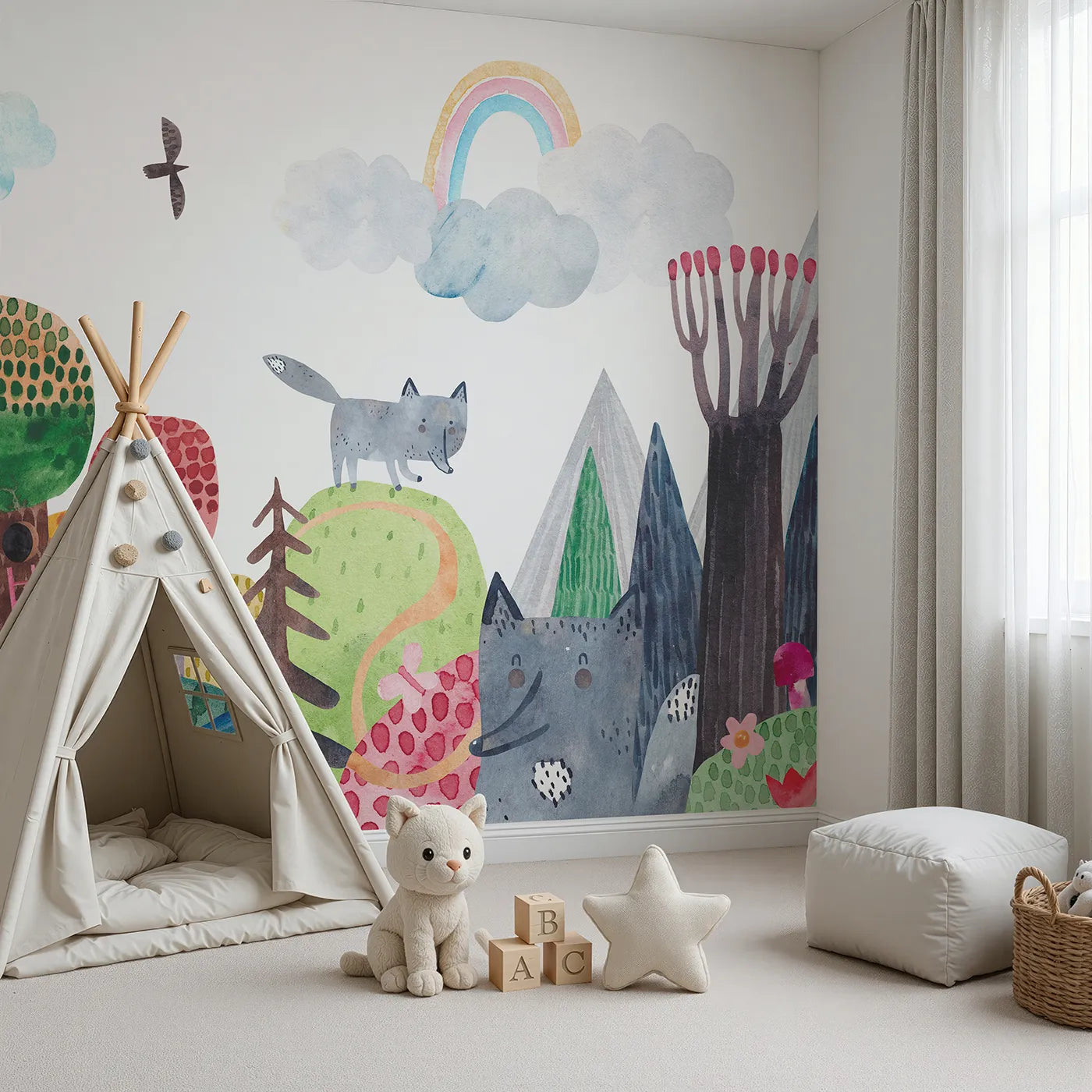 Angled view of Whimsy Tots' Wolf Mountain Rainbow Wall Mural (Turn Their Room into a Whimsical Woodland Adventure).Gender-Neutral