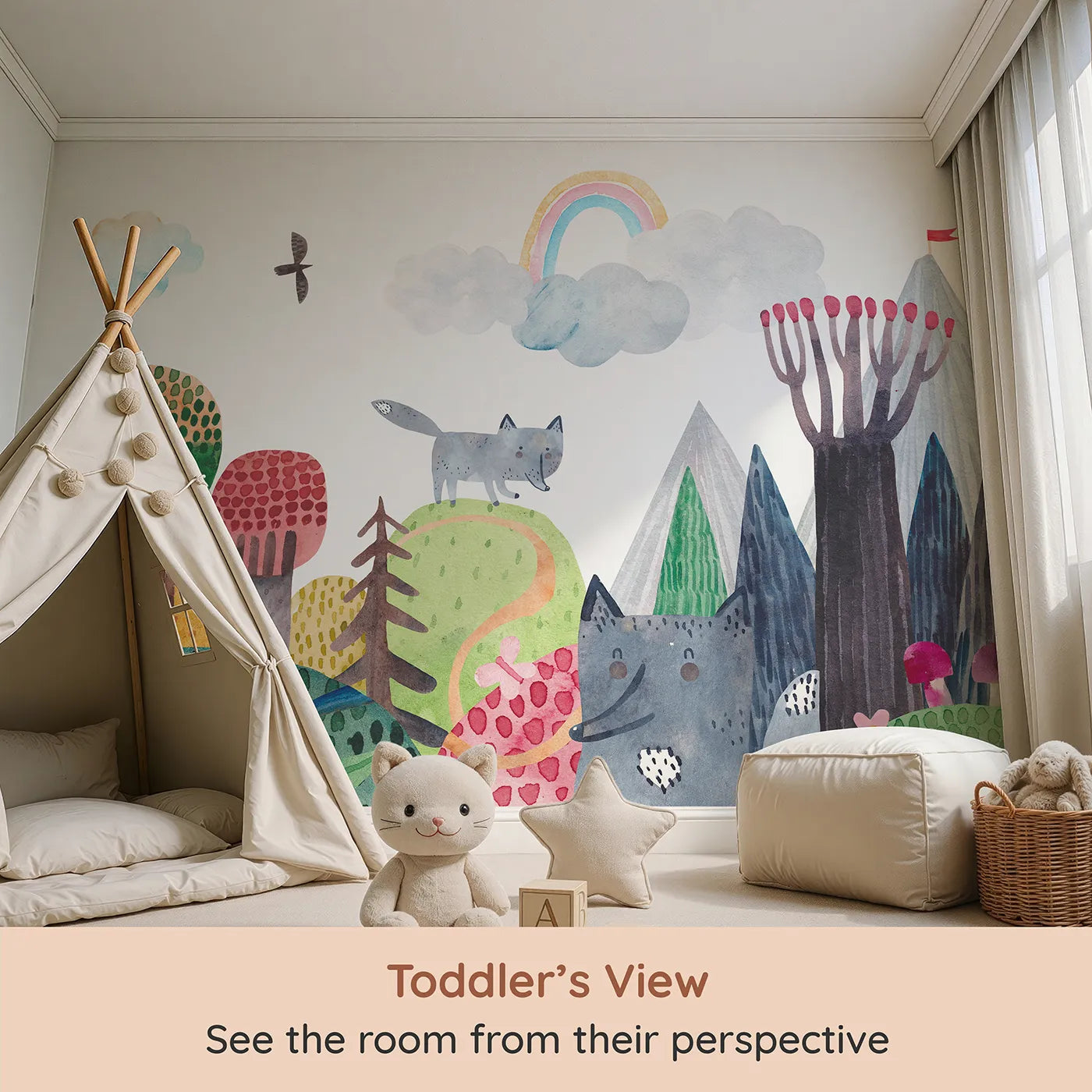 Whimsy Tots Wolf Mountain Rainbow Wall Mural (Turn Their Room into a Whimsical Woodland Adventure) from your child's view.Gender-Neutral