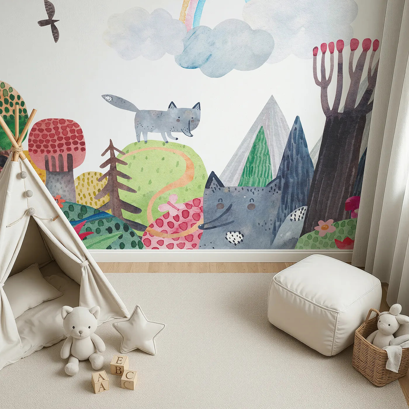Top-down view of Whimsy Tots' Wolf Mountain Rainbow Wall Mural (Turn Their Room into a Whimsical Woodland Adventure).Gender-Neutral