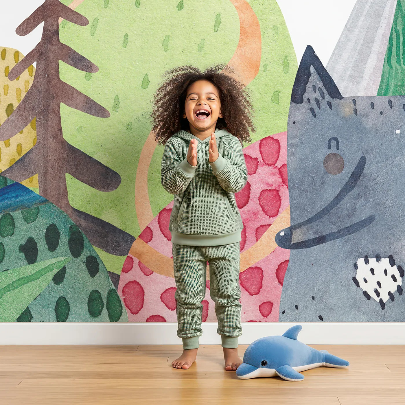 Child in front of Whimsy Tots Wolf Mountain Rainbow Wall Mural with wolf, mountain, rainbow, volcano, watercolor, landscape, animal, whimsical in design.