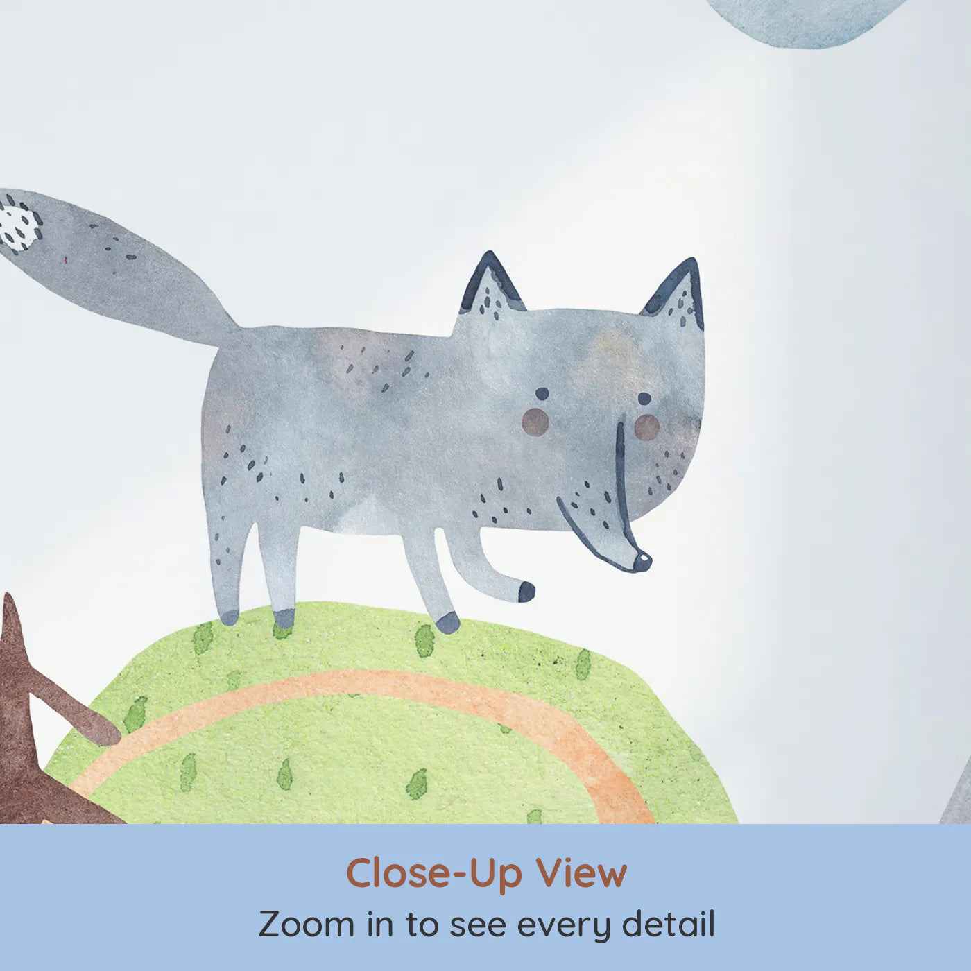 Close-up view of Whimsy Tots' Wolf Mountain Rainbow Wall Mural (Turn Their Room into a Whimsical Woodland Adventure).Gender-Neutral