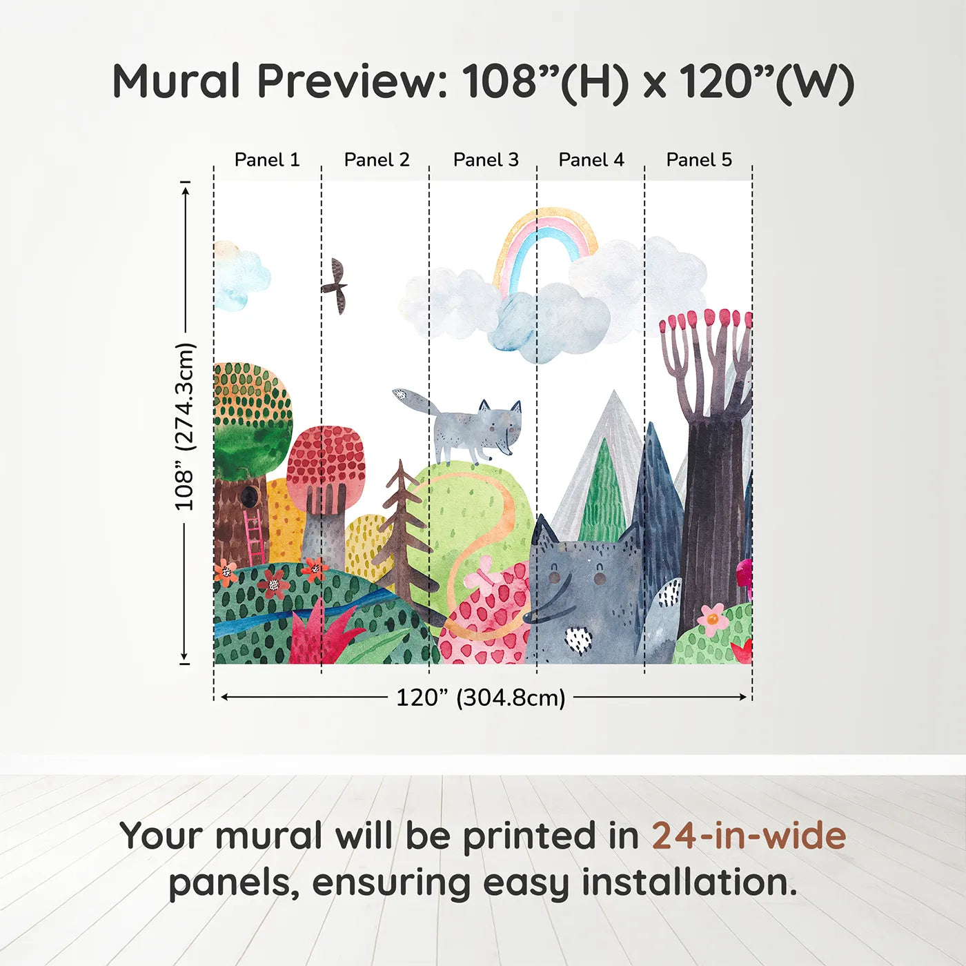Whimsy Tots Wolf Mountain Rainbow Wall Muraldimension view (108" H x 120" W). Printed in five 24-inch-wide panels. Gender-Neutral