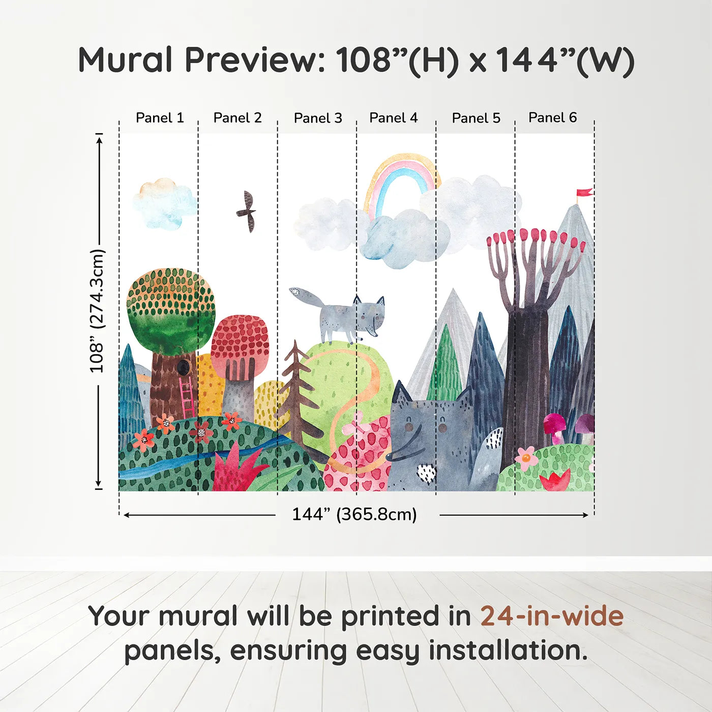 Whimsy Tots Wolf Mountain Rainbow Wall Muraldimension view (108" H x 144" W). Printed in six 24-inch-wide panels. Gender-Neutral