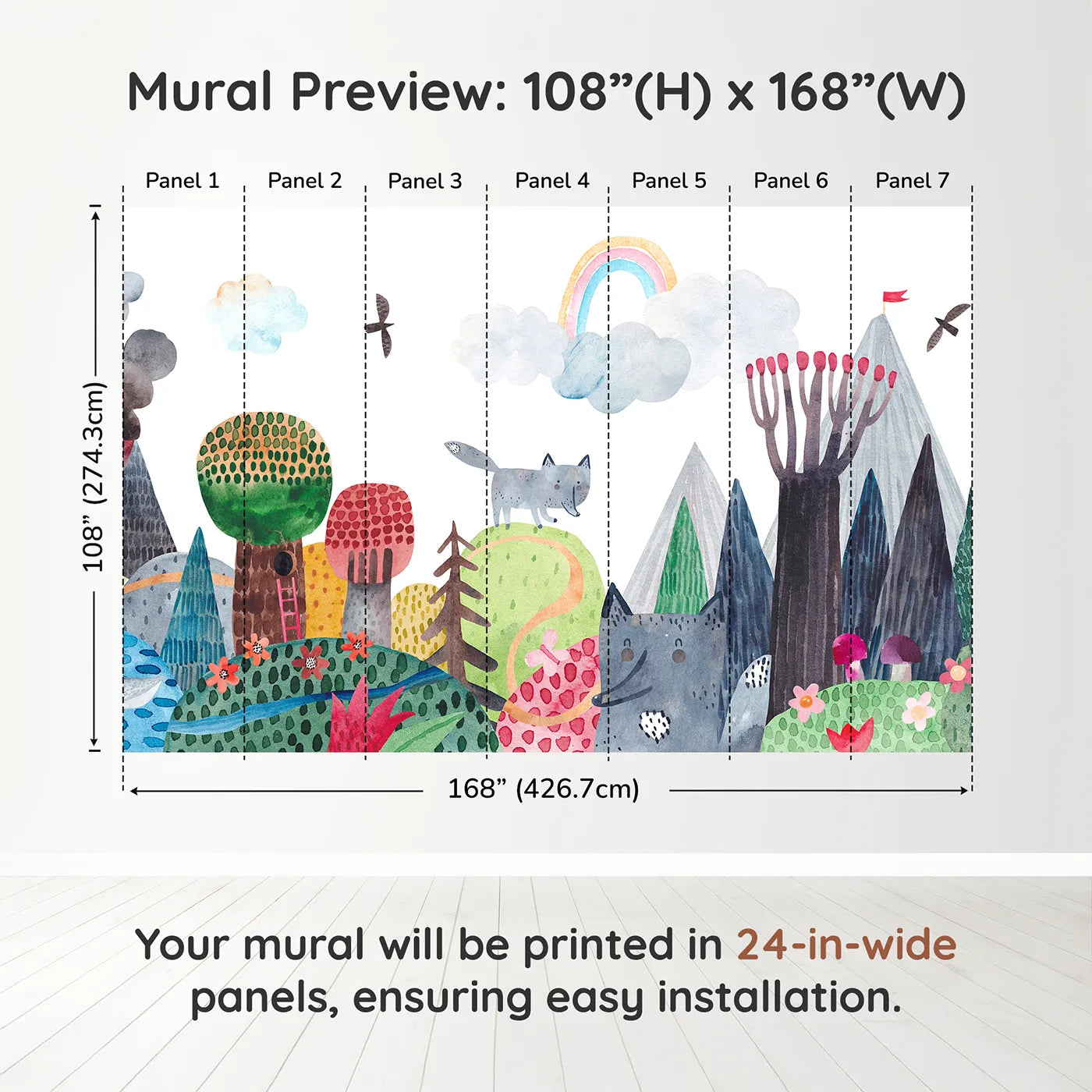Whimsy Tots Wolf Mountain Rainbow Wall Muraldimension view (108" H x 168" W). Printed in seven 24-inch-wide panels. Gender-Neutral