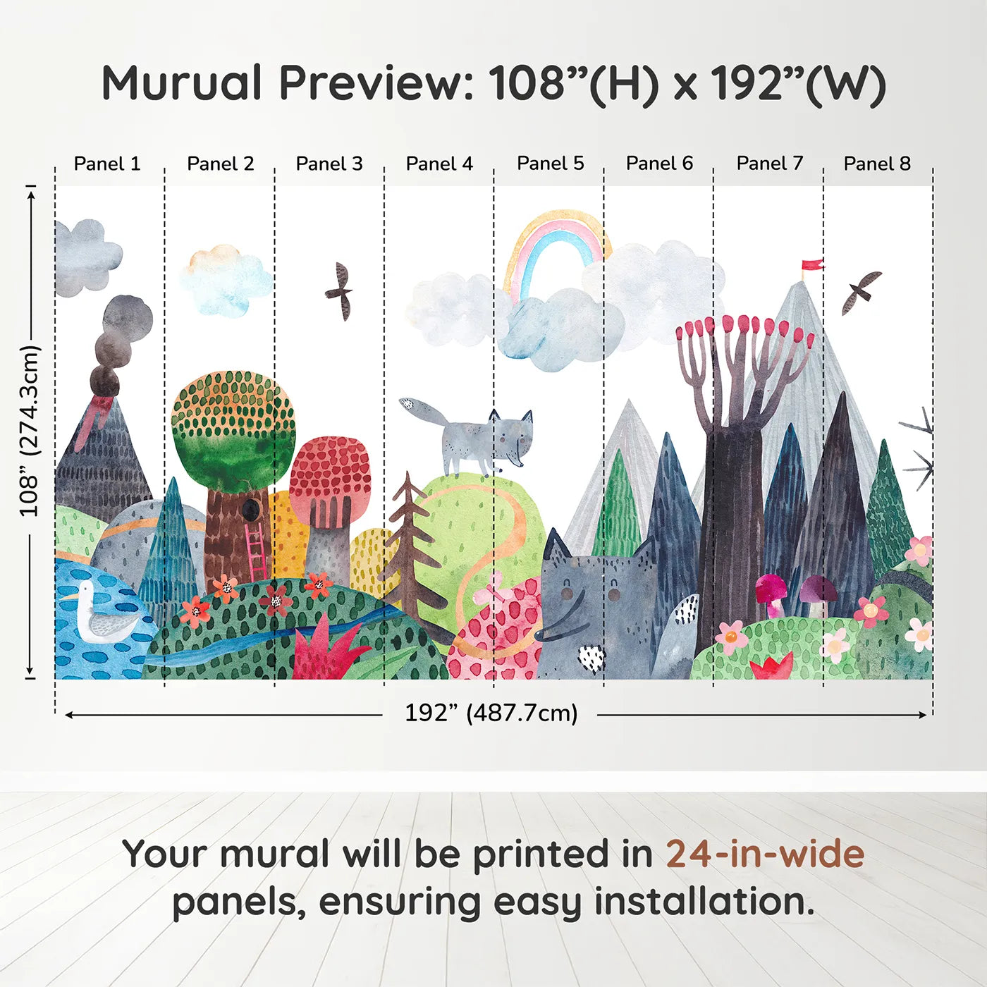 Whimsy Tots Wolf Mountain Rainbow Wall Muraldimension view (108" H x 192" W). Printed in eight 24-inch-wide panels. Gender-Neutral