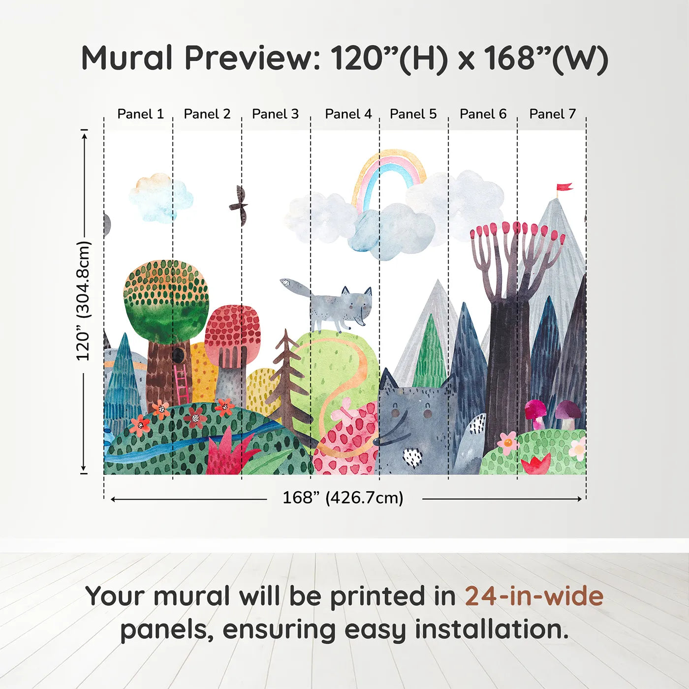 Whimsy Tots Wolf Mountain Rainbow Wall Muraldimension view (120" H x 168" W). Printed in seven 24-inch-wide panels. Gender-Neutral