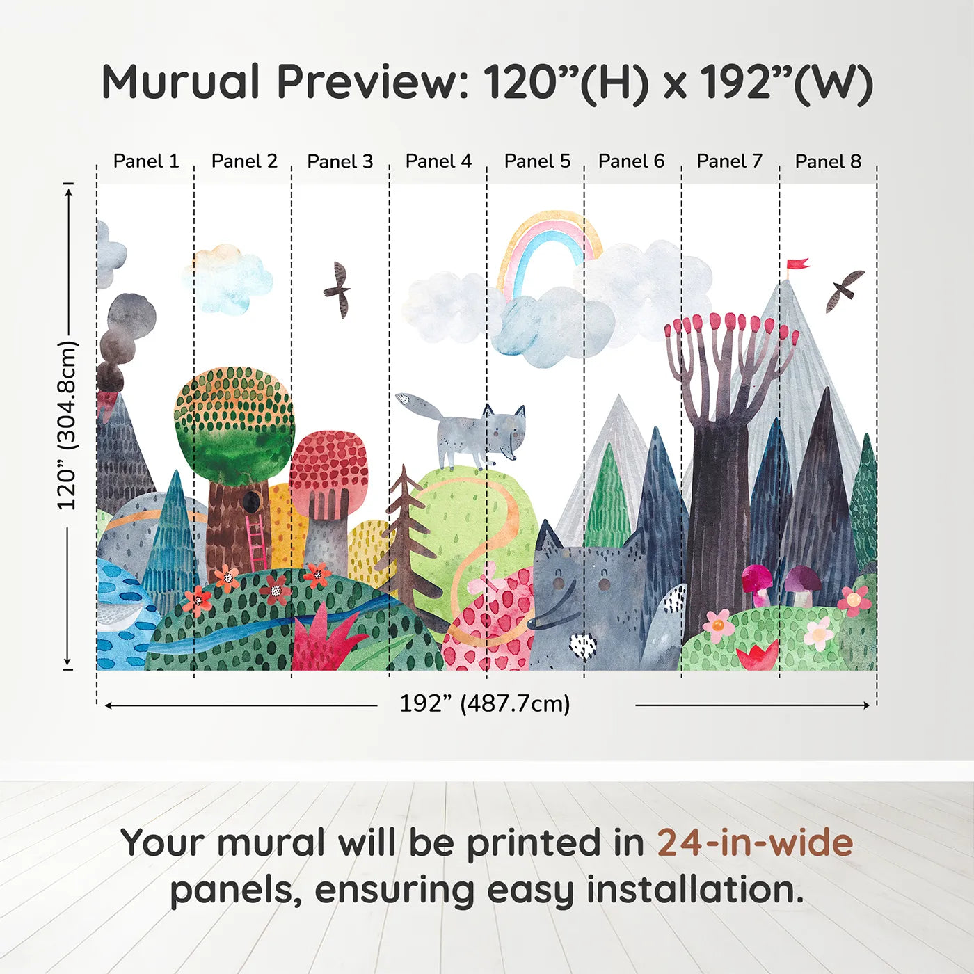 Whimsy Tots Wolf Mountain Rainbow Wall Muraldimension view (120" H x 192" W). Printed in eight 24-inch-wide panels. Gender-Neutral