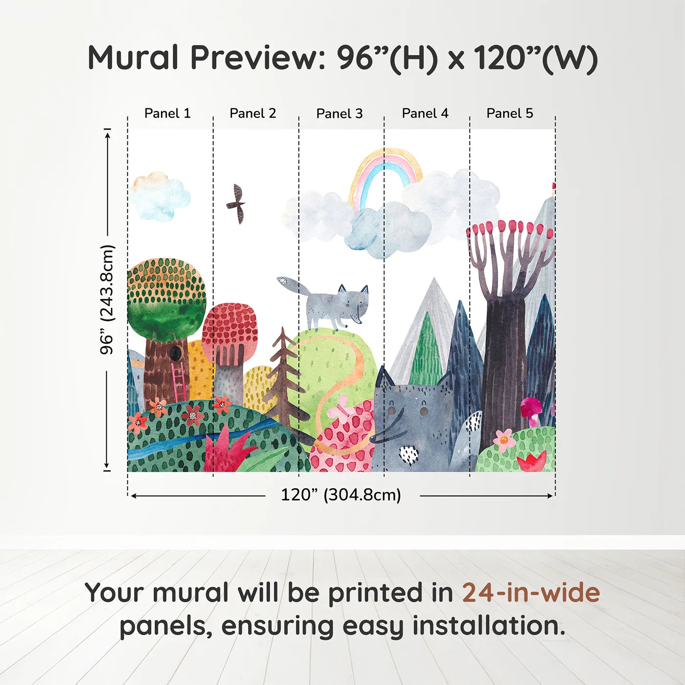 Whimsy Tots Wolf Mountain Rainbow Wall Muraldimension view (96" H x 120" W). Printed in five 24-inch-wide panels. Gender-Neutral