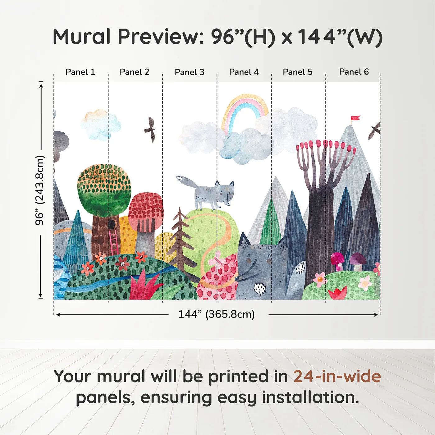 Whimsy Tots Wolf Mountain Rainbow Wall Muraldimension view (96" H x 144" W). Printed in six 24-inch-wide panels. Gender-Neutral