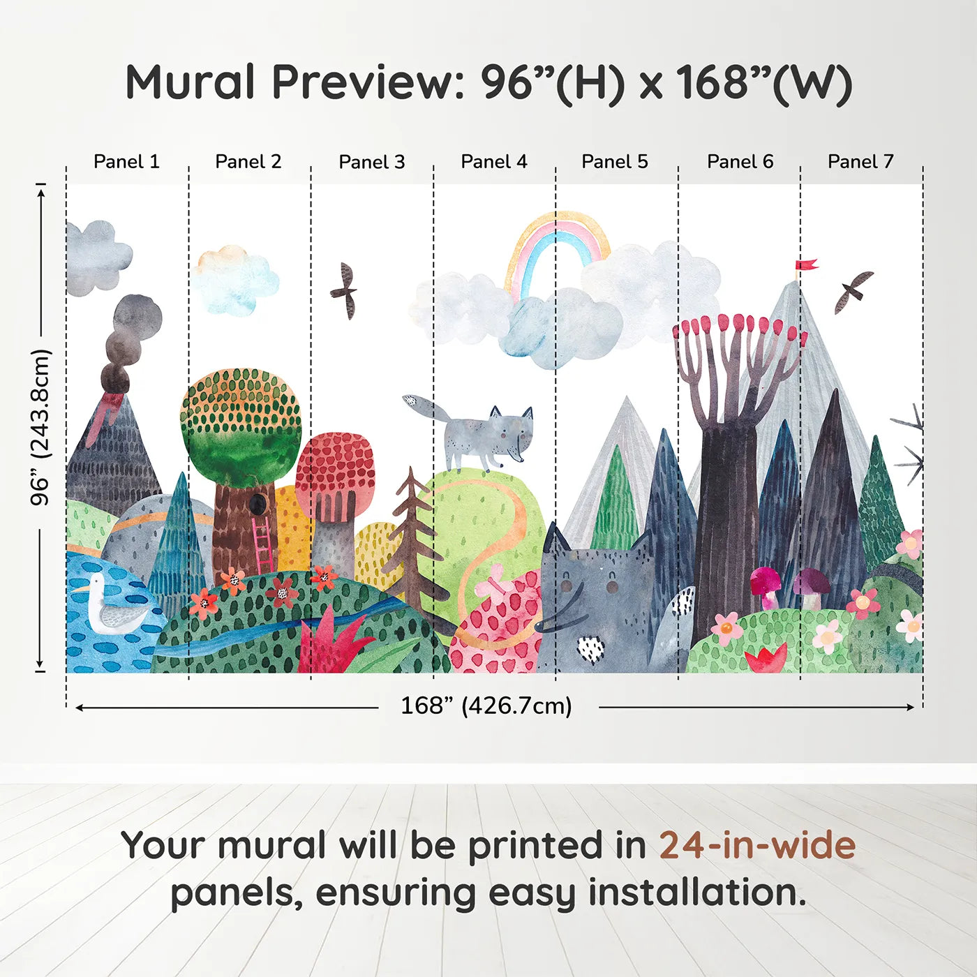 Whimsy Tots Wolf Mountain Rainbow Wall Muraldimension view (96" H x 168" W). Printed in seven 24-inch-wide panels. Gender-Neutral