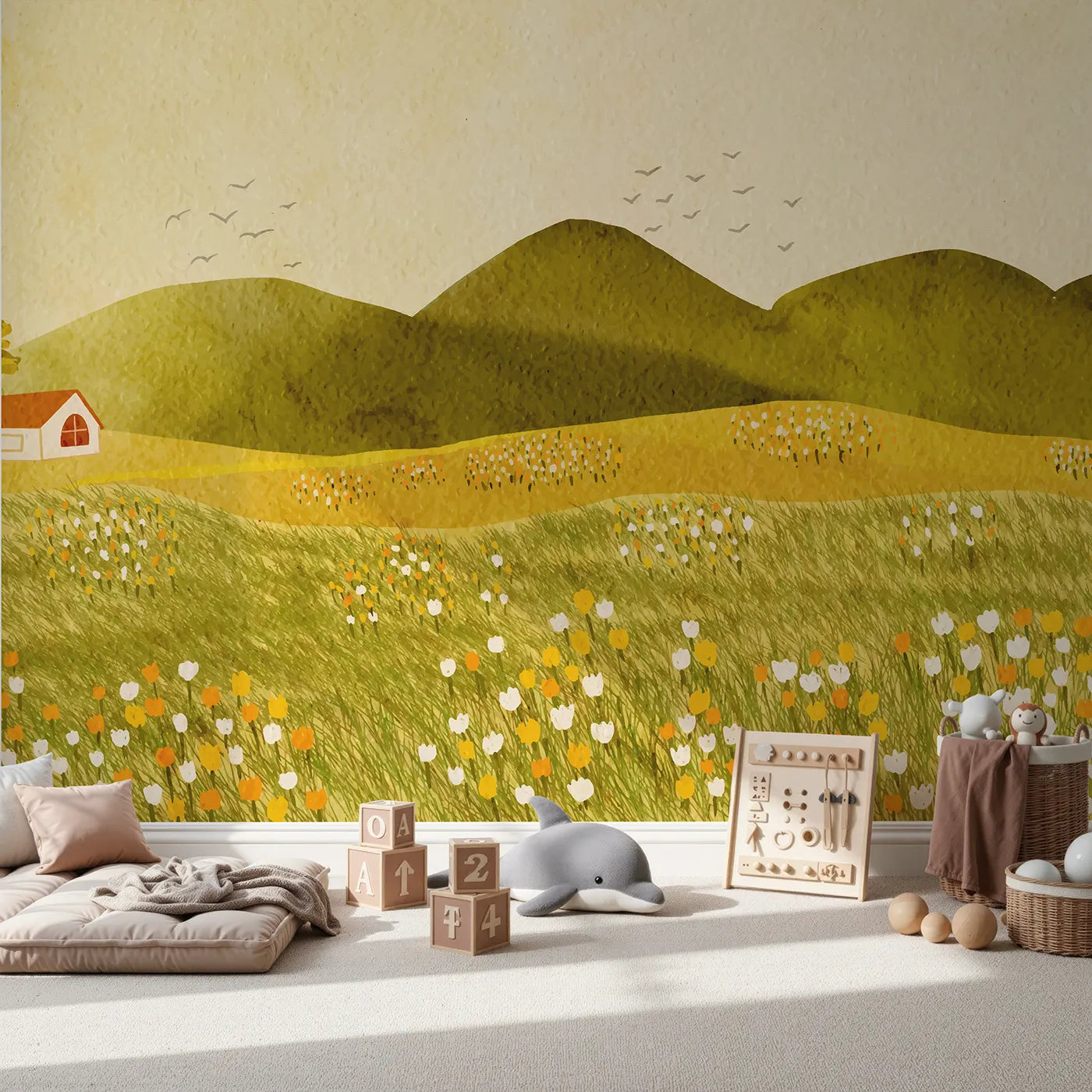 Front view of Whimsy Tots' Golden Hills Flower Field Wall Mural