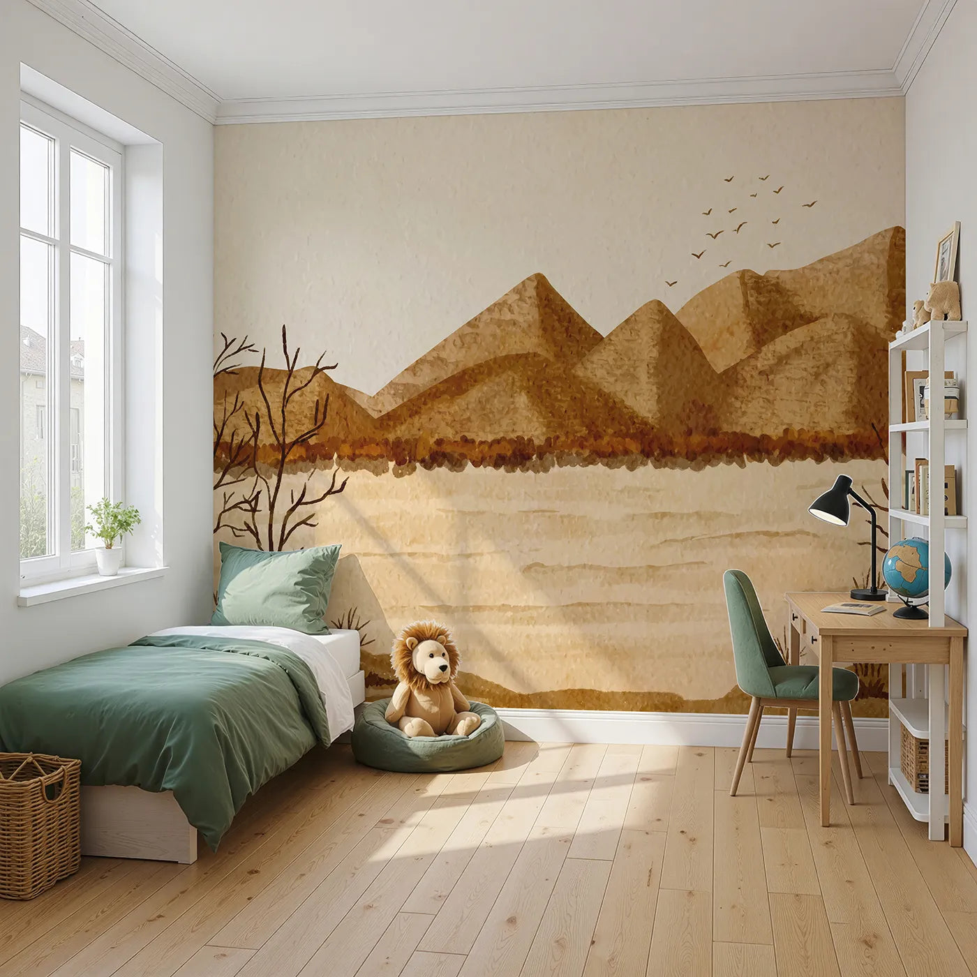 Angled view of Whimsy Tots' Desert Hills Watercolor Wall Mural (Turn Their Room into a Calm and Arid Landscape).Gender-Neutral
