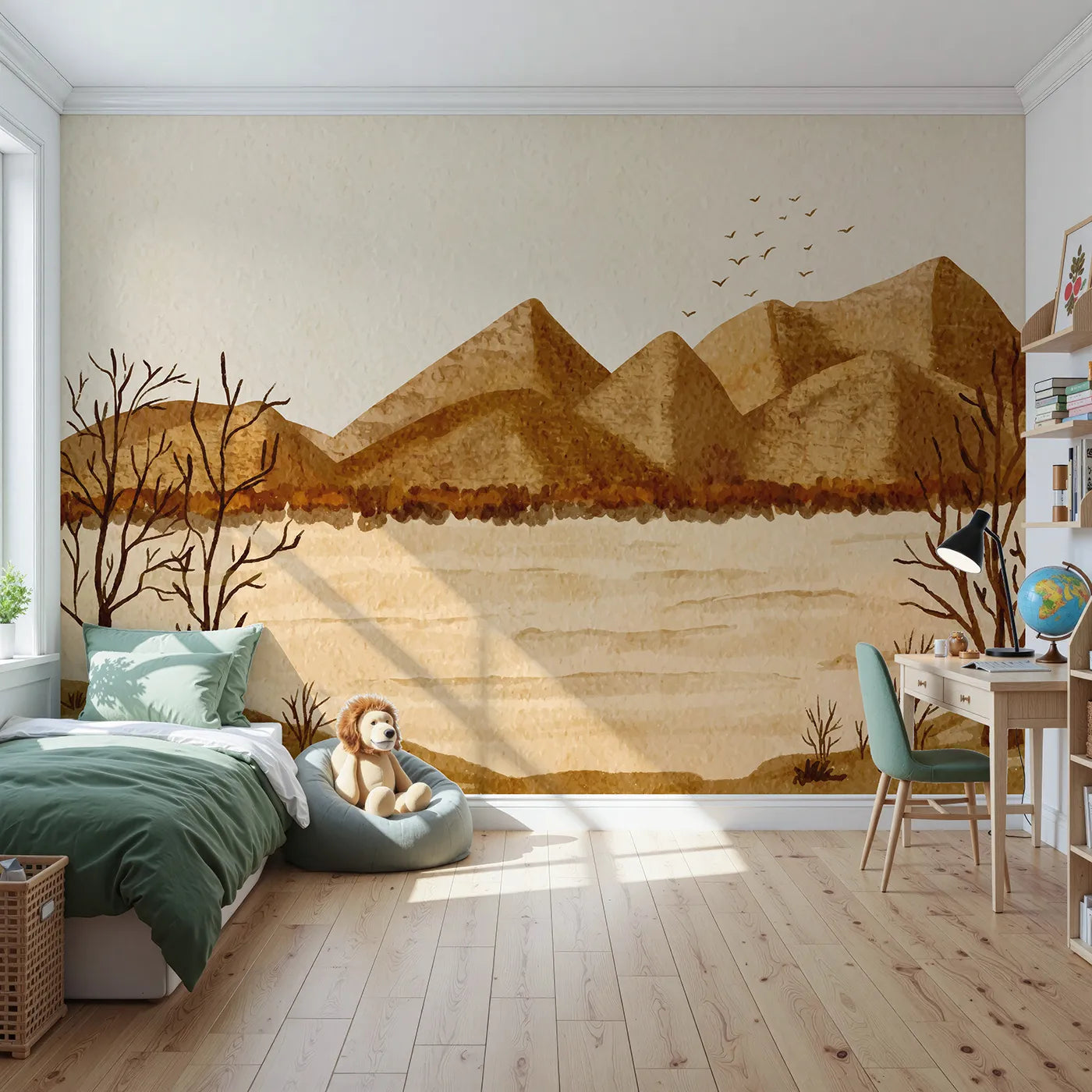 Front view of Whimsy Tots' Desert Hills Watercolor Wall Mural