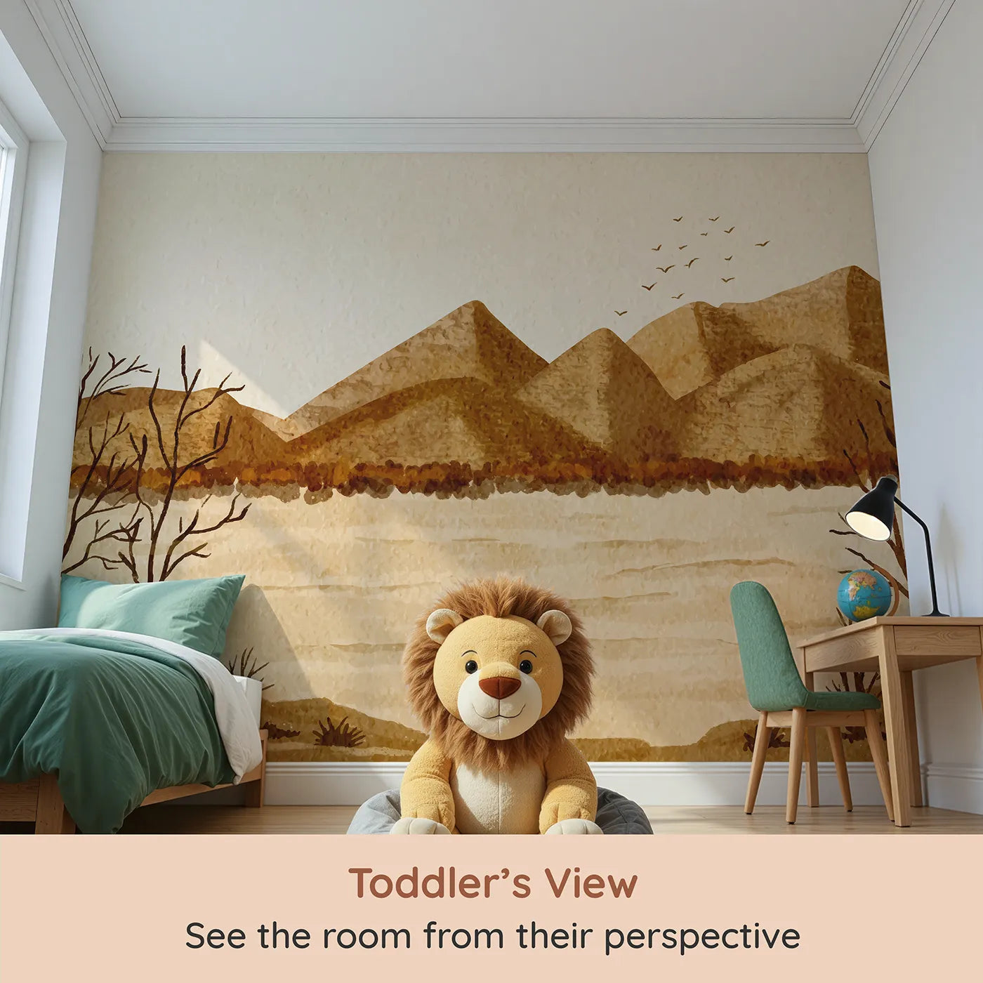 Whimsy Tots Desert Hills Watercolor Wall Mural (Turn Their Room into a Calm and Arid Landscape) from your child's view.Gender-Neutral