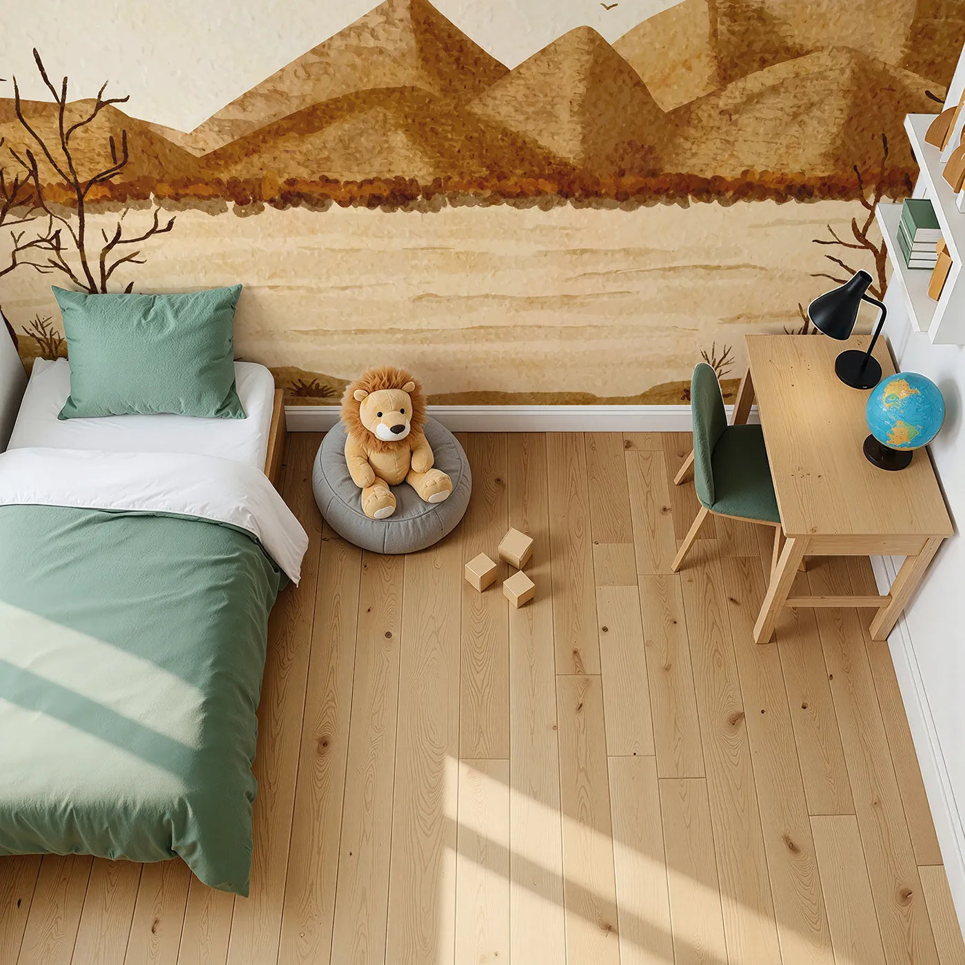 Top-down view of Whimsy Tots' Desert Hills Watercolor Wall Mural (Turn Their Room into a Calm and Arid Landscape).Gender-Neutral