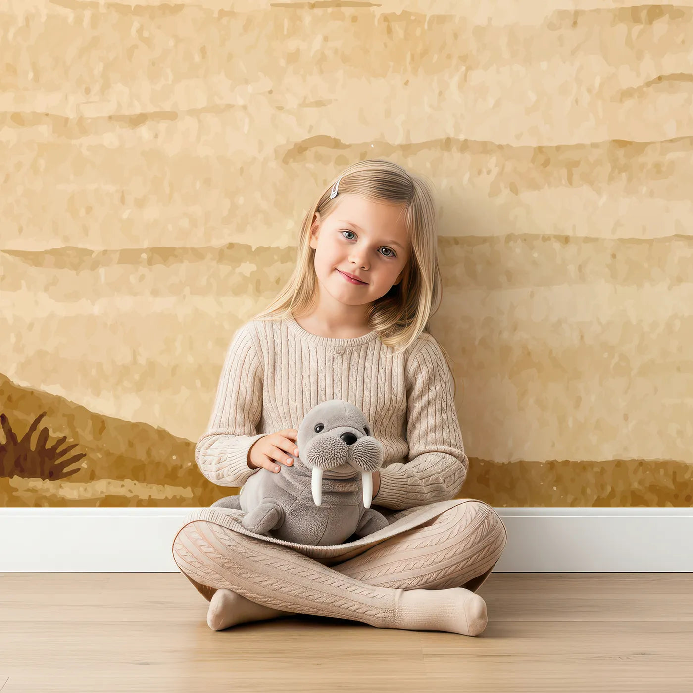 Child in front of Whimsy Tots Desert Hills Watercolor Wall Mural with desert, landscape, watercolor, brown, mountain, minimalist, boho, nature in design.