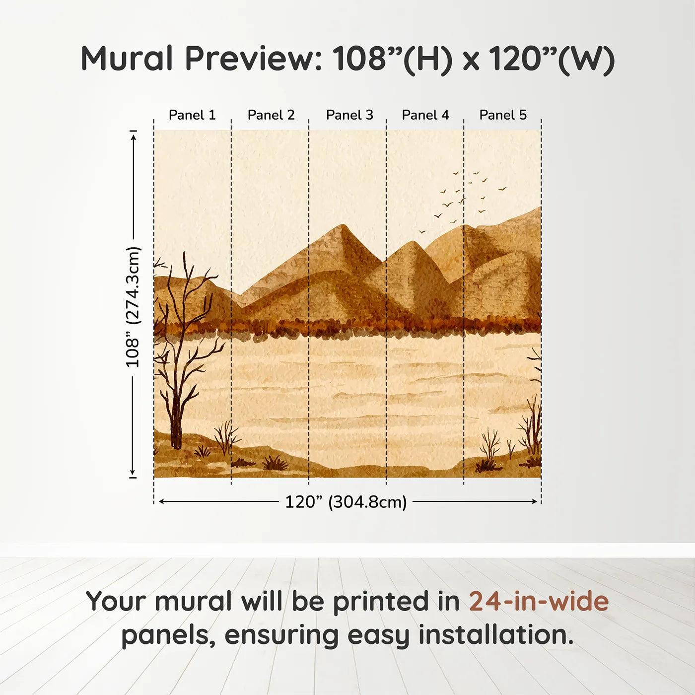 Whimsy Tots Desert Hills Watercolor Wall Muraldimension view (108" H x 120" W). Printed in five 24-inch-wide panels. Gender-Neutral