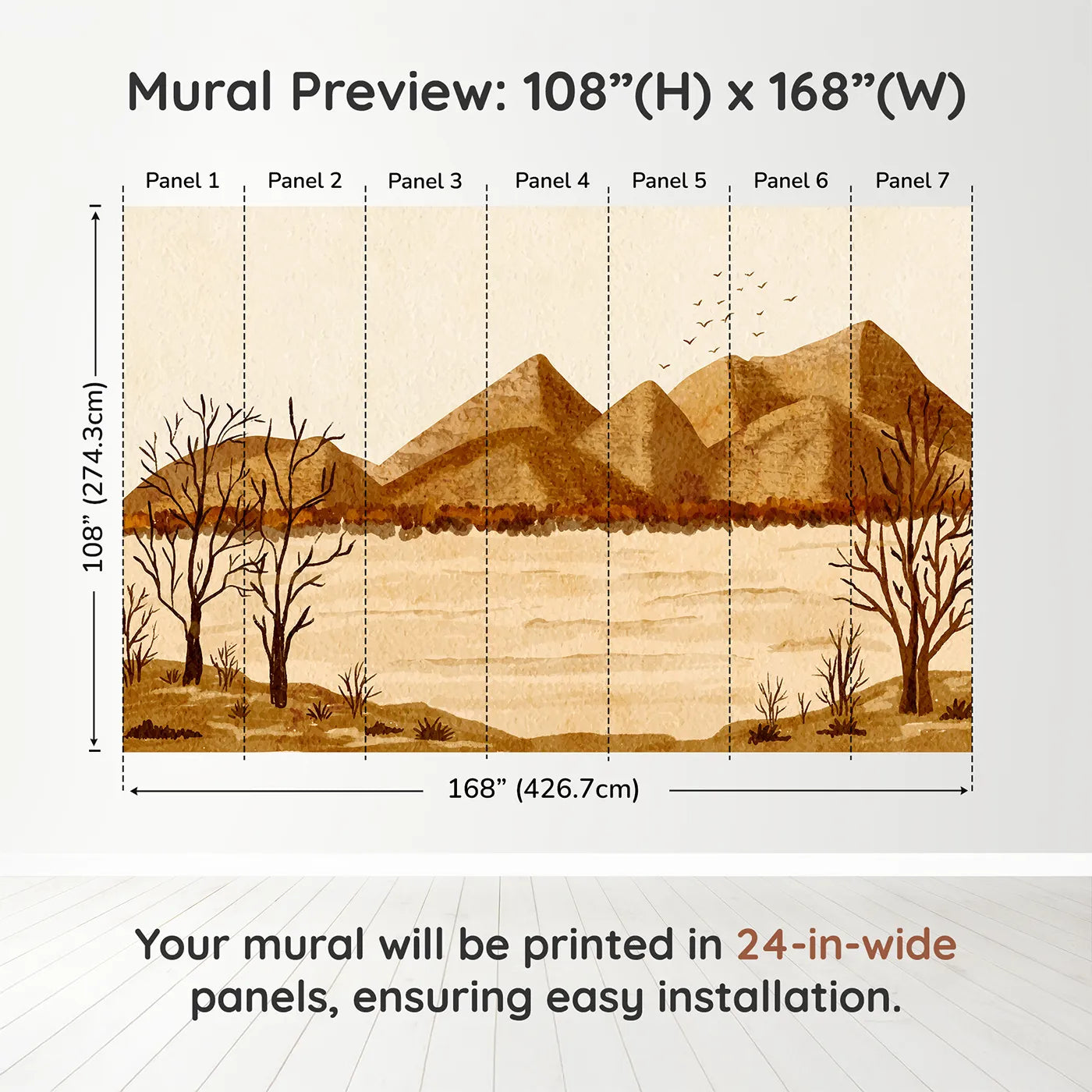 Whimsy Tots Desert Hills Watercolor Wall Muraldimension view (108" H x 168" W). Printed in seven 24-inch-wide panels. Gender-Neutral