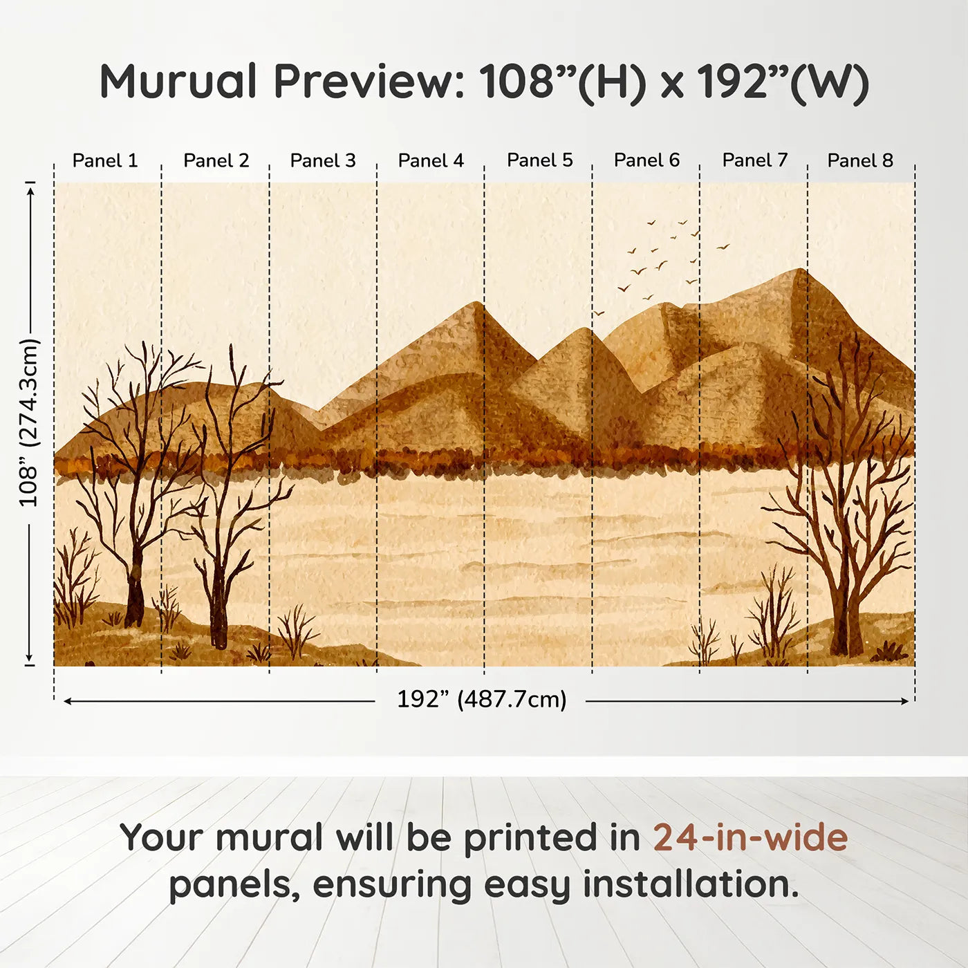 Whimsy Tots Desert Hills Watercolor Wall Muraldimension view (108" H x 192" W). Printed in eight 24-inch-wide panels. Gender-Neutral