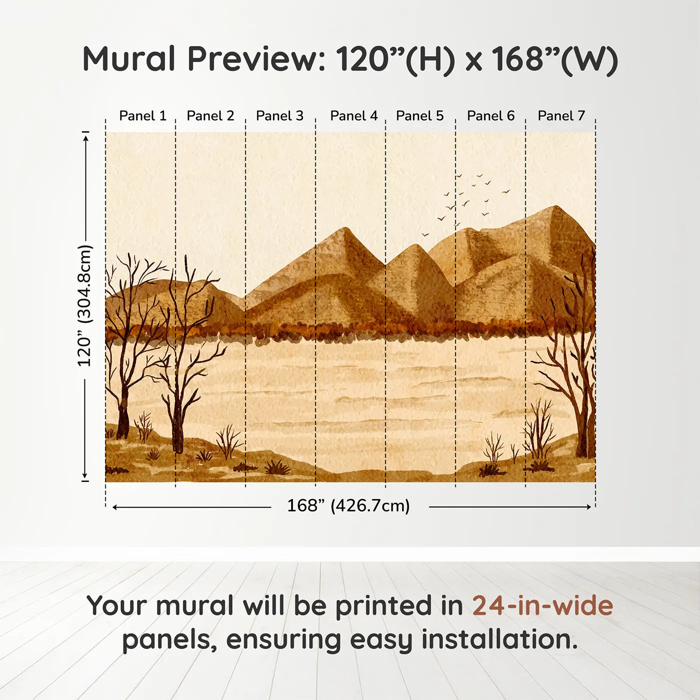 Whimsy Tots Desert Hills Watercolor Wall Muraldimension view (120" H x 168" W). Printed in seven 24-inch-wide panels. Gender-Neutral