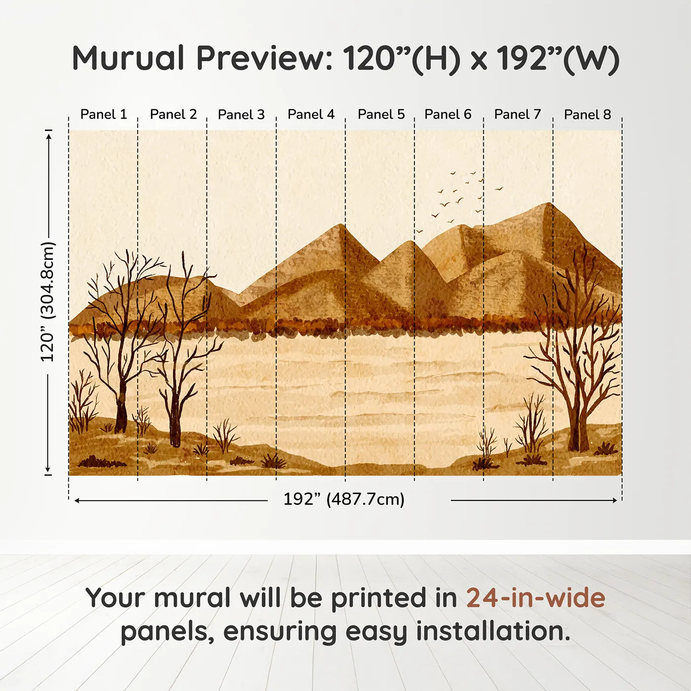 Whimsy Tots Desert Hills Watercolor Wall Muraldimension view (120" H x 192" W). Printed in eight 24-inch-wide panels. Gender-Neutral
