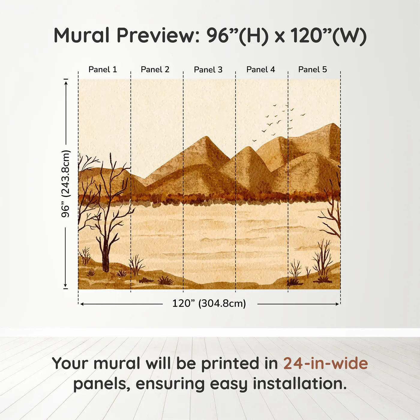 Whimsy Tots Desert Hills Watercolor Wall Muraldimension view (96" H x 120" W). Printed in five 24-inch-wide panels. Gender-Neutral