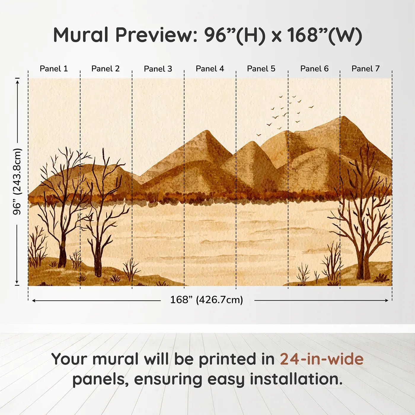 Whimsy Tots Desert Hills Watercolor Wall Muraldimension view (96" H x 168" W). Printed in seven 24-inch-wide panels. Gender-Neutral