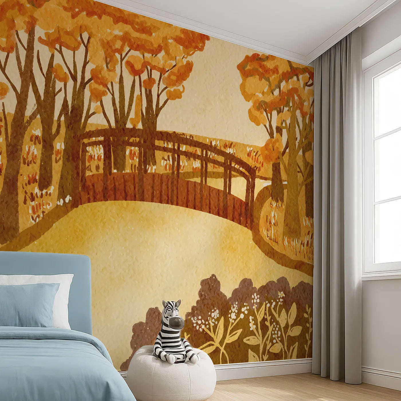 Angled view of Whimsy Tots' Autumn Bridge Watercolor Wall Mural (Turn Their Room into a Picturesque Autumn Scene).Gender-Neutral