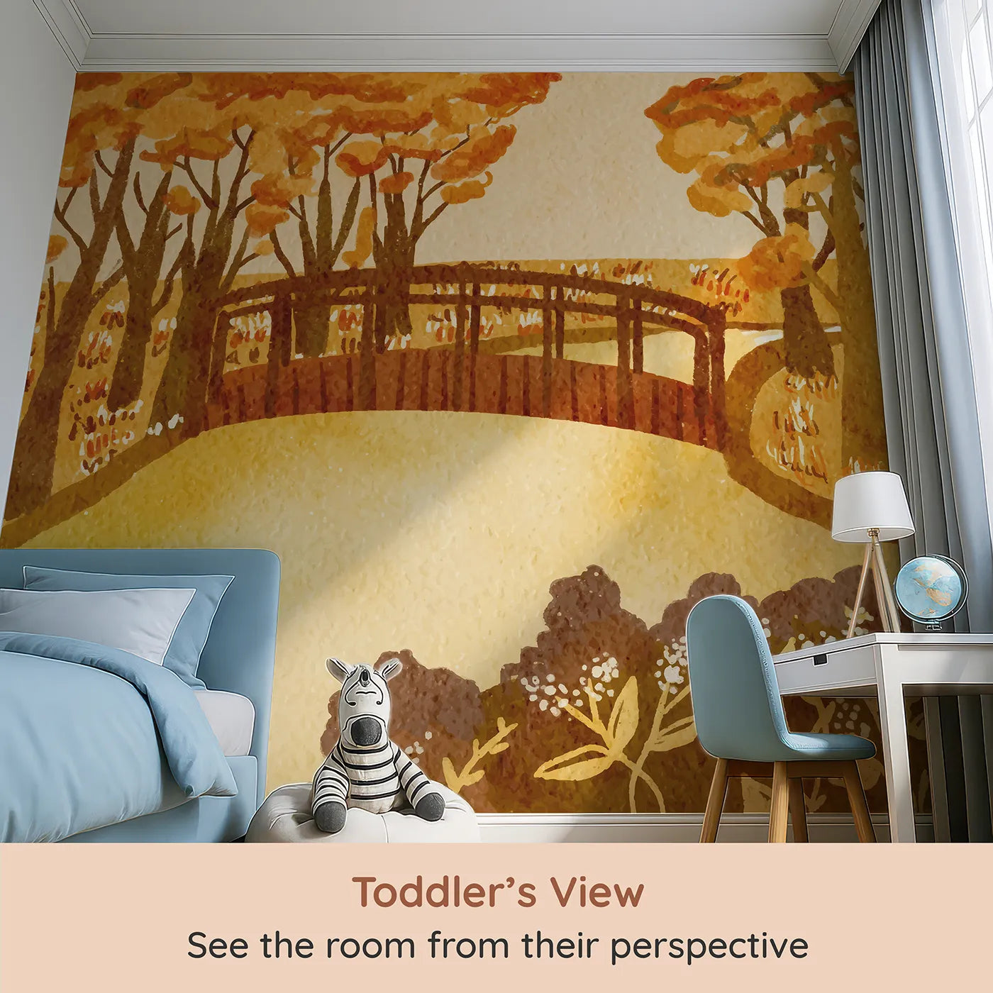 Whimsy Tots Autumn Bridge Watercolor Wall Mural (Turn Their Room into a Picturesque Autumn Scene) from your child's view.Gender-Neutral