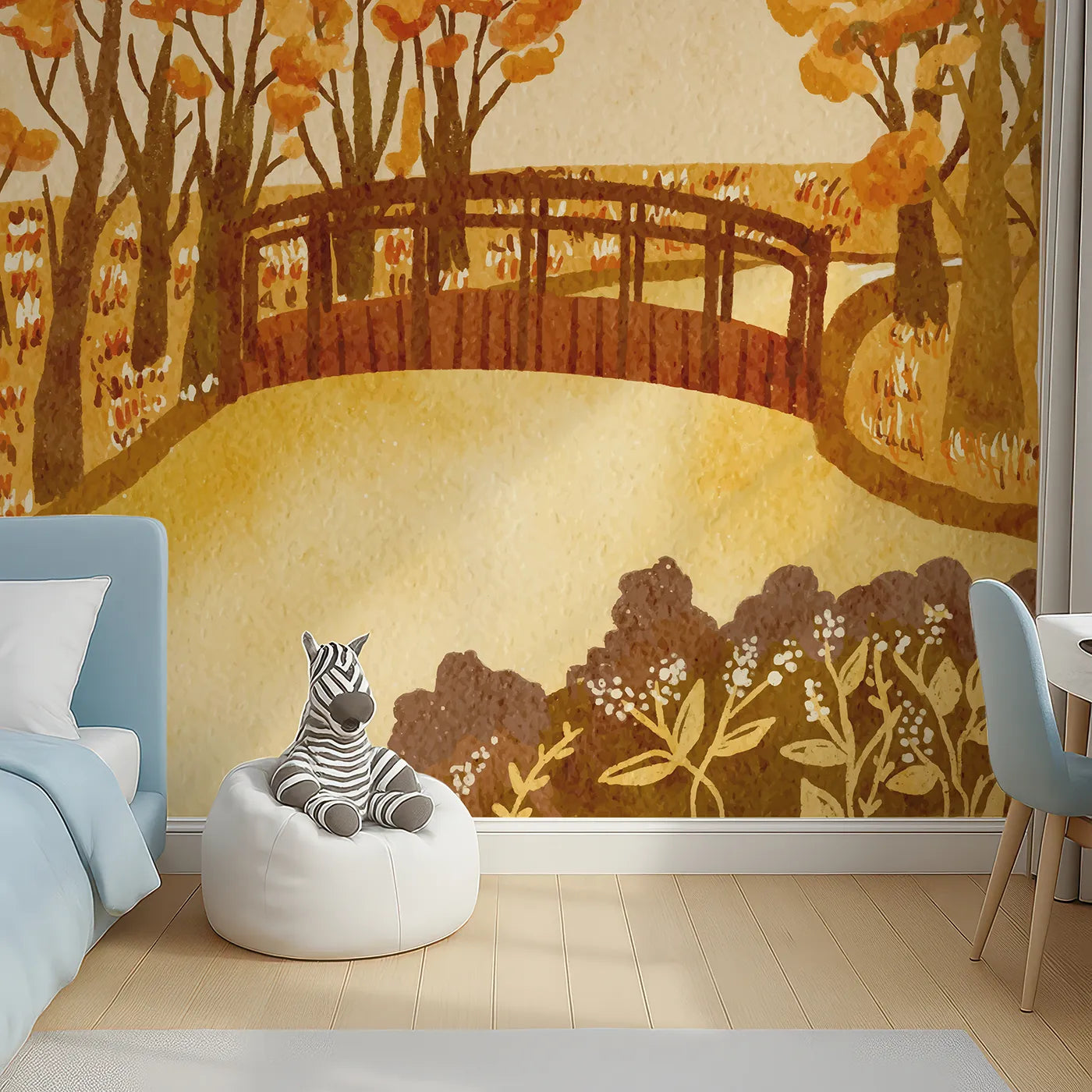 Top-down view of Whimsy Tots' Autumn Bridge Watercolor Wall Mural (Turn Their Room into a Picturesque Autumn Scene).Gender-Neutral