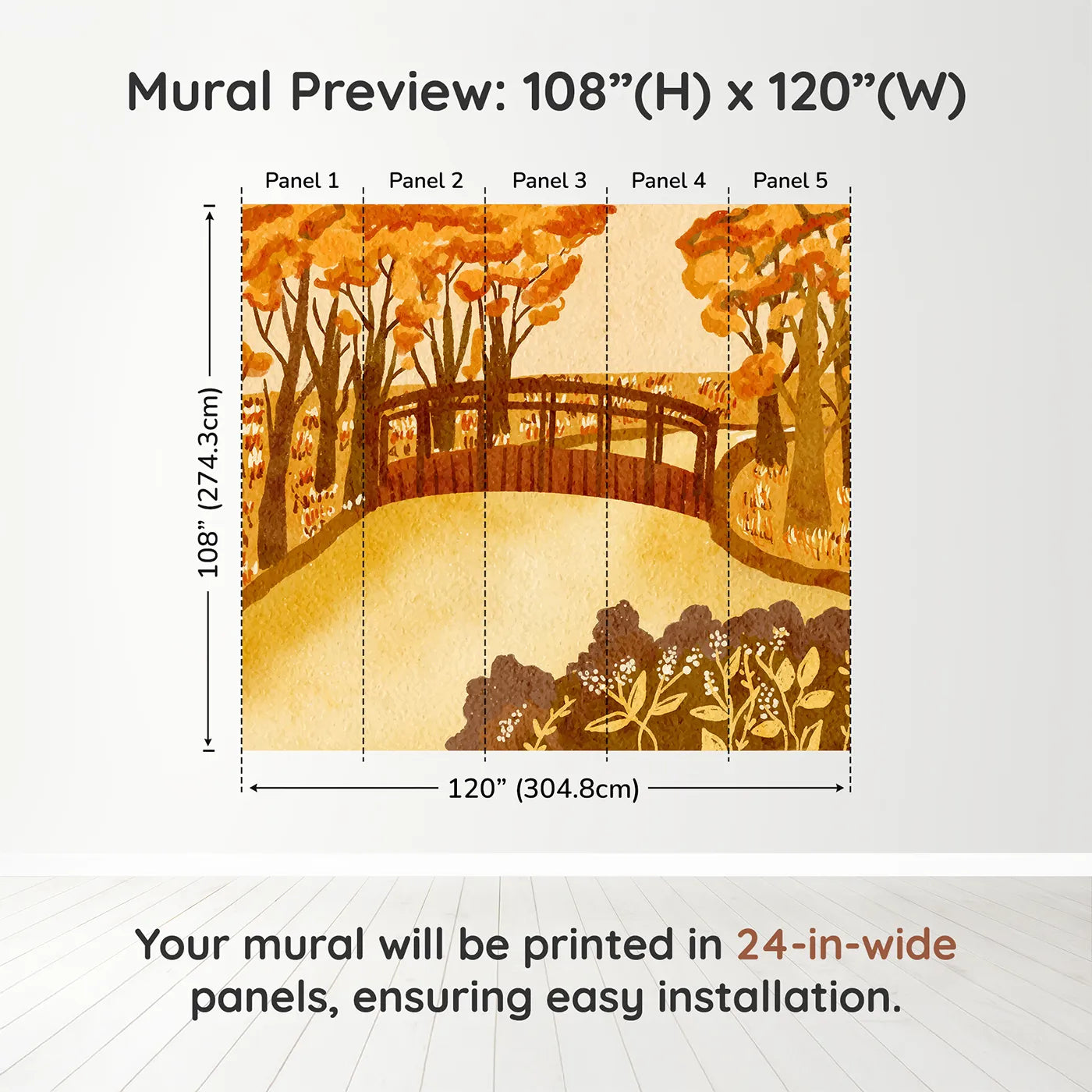 Whimsy Tots Autumn Bridge Watercolor Wall Muraldimension view (108" H x 120" W). Printed in five 24-inch-wide panels. Gender-Neutral
